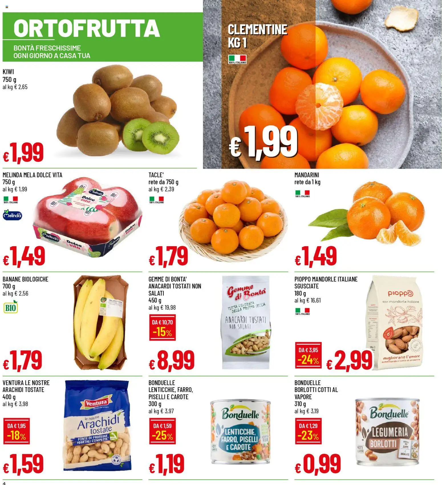 Volantino Famila del 08.01.2026 | Pagina: 4 | Prodotti: Banane, Kiwi, Frutta, Piselli