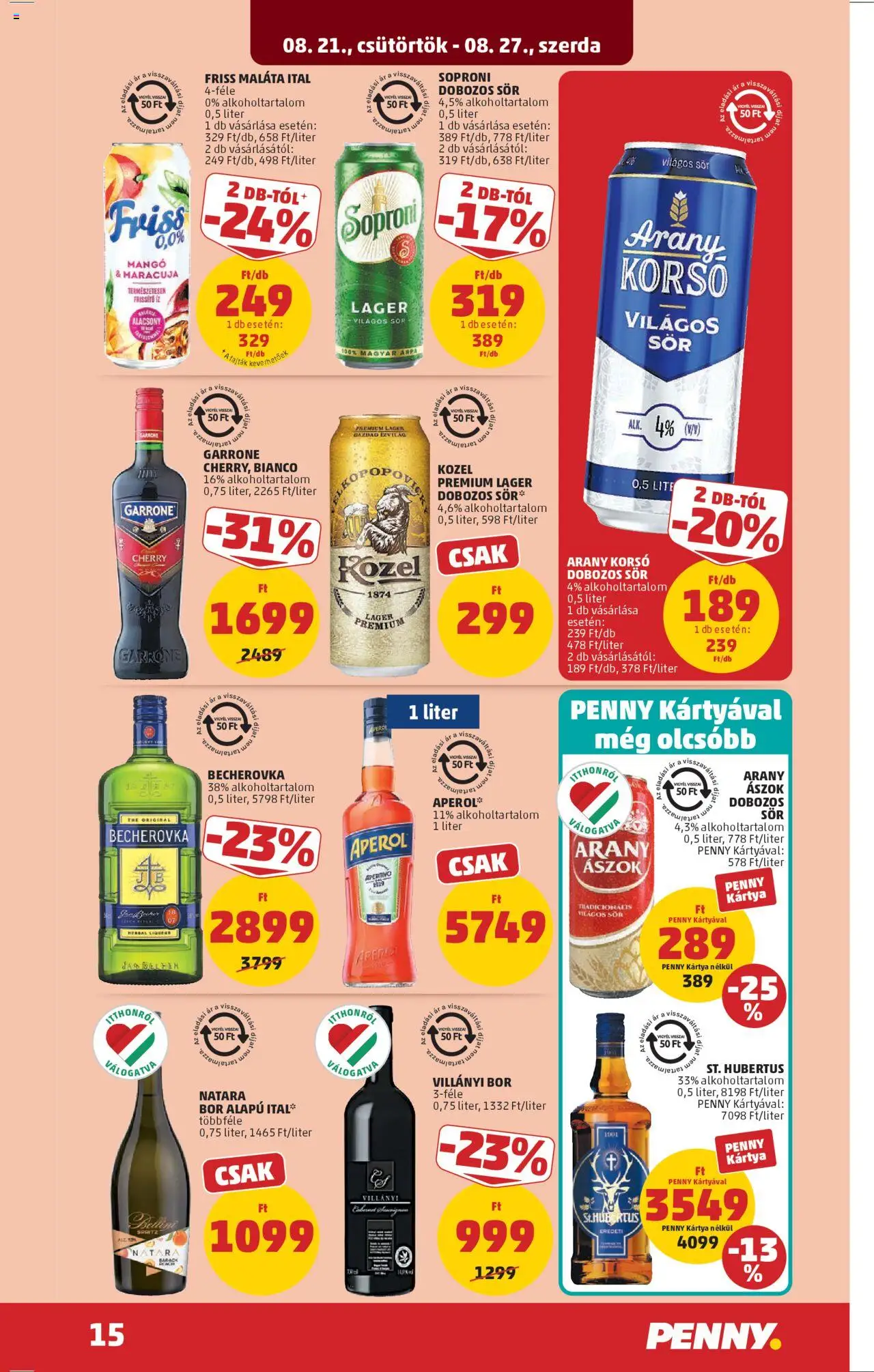 PENNY akciós ujság - amely érvényes a következő dátumtól: 21.08.2025 | Oldal: 19 | Termékek: Becherovka, Dobozos sör, Bor, Mangó