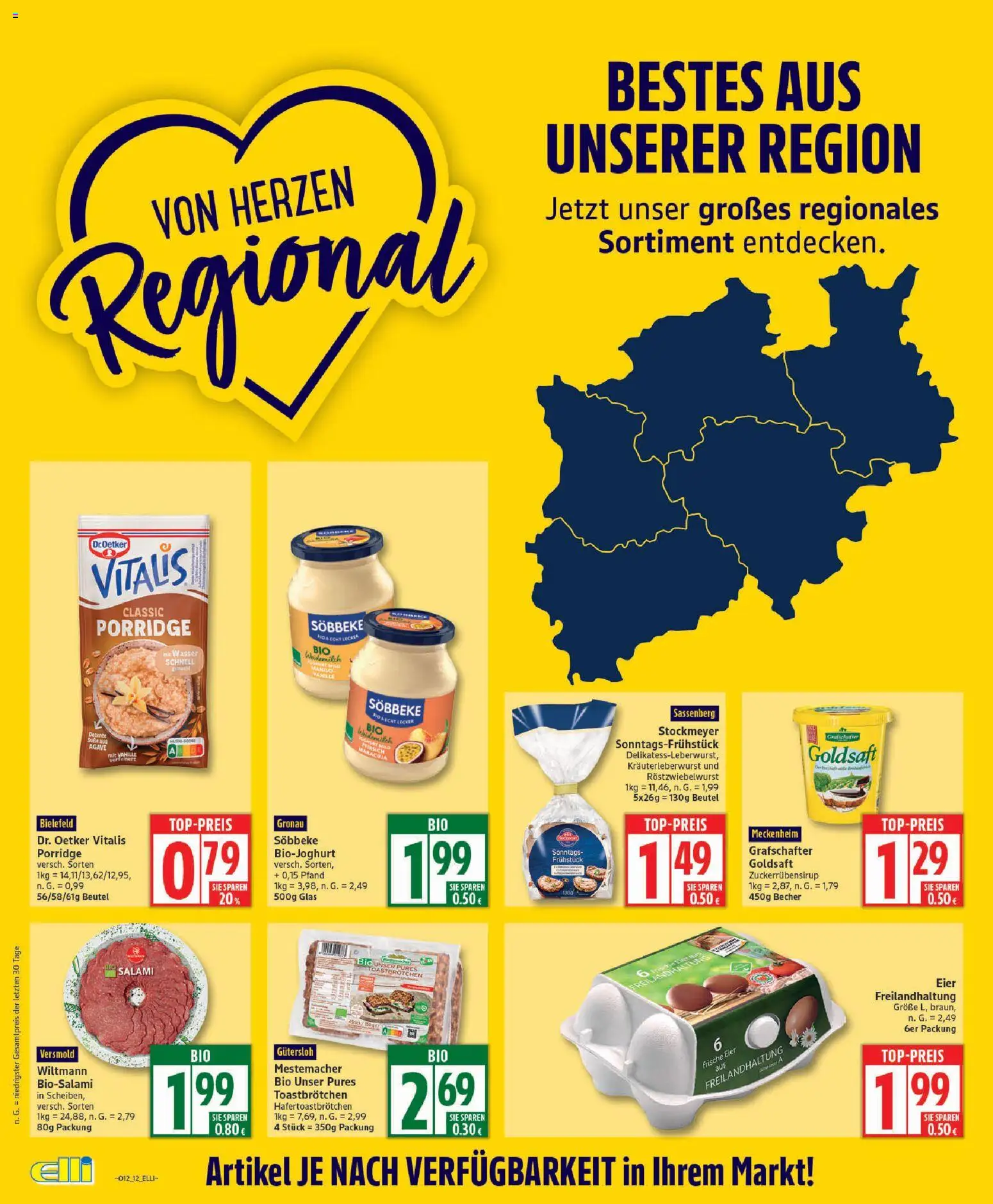 Elli Markt Prospekt Schloß Holte – gültig ab 16.03.2026 | Seite: 12 | Produkte: Eier, Wasser, Pfirsich, Salami
