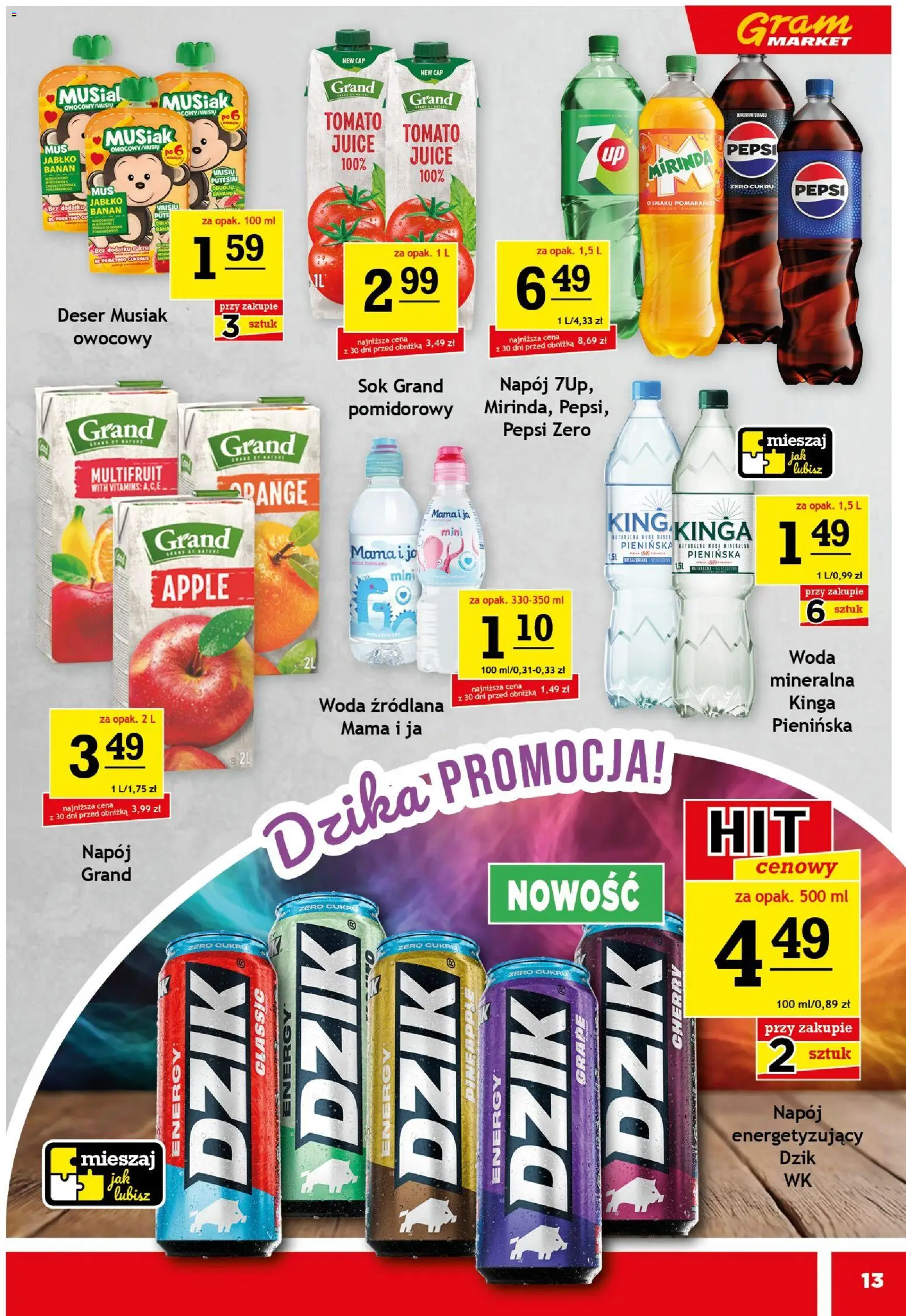 Gram Market Gazetka od 21.01.2026 | Strona: 13 | Produkty: Woda źródlana, Pepsi, Sok, Banan