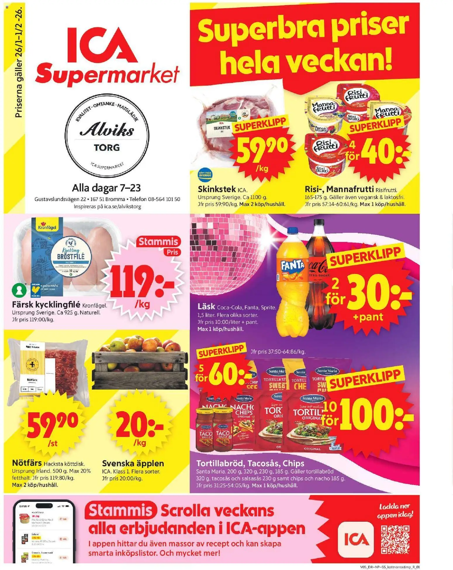 ICA Supermarket reklamblad aktuell från 26.01.2026 | Sida: 1 | Produkter: Tacosås, Kycklingfile, Galler, Fanta
