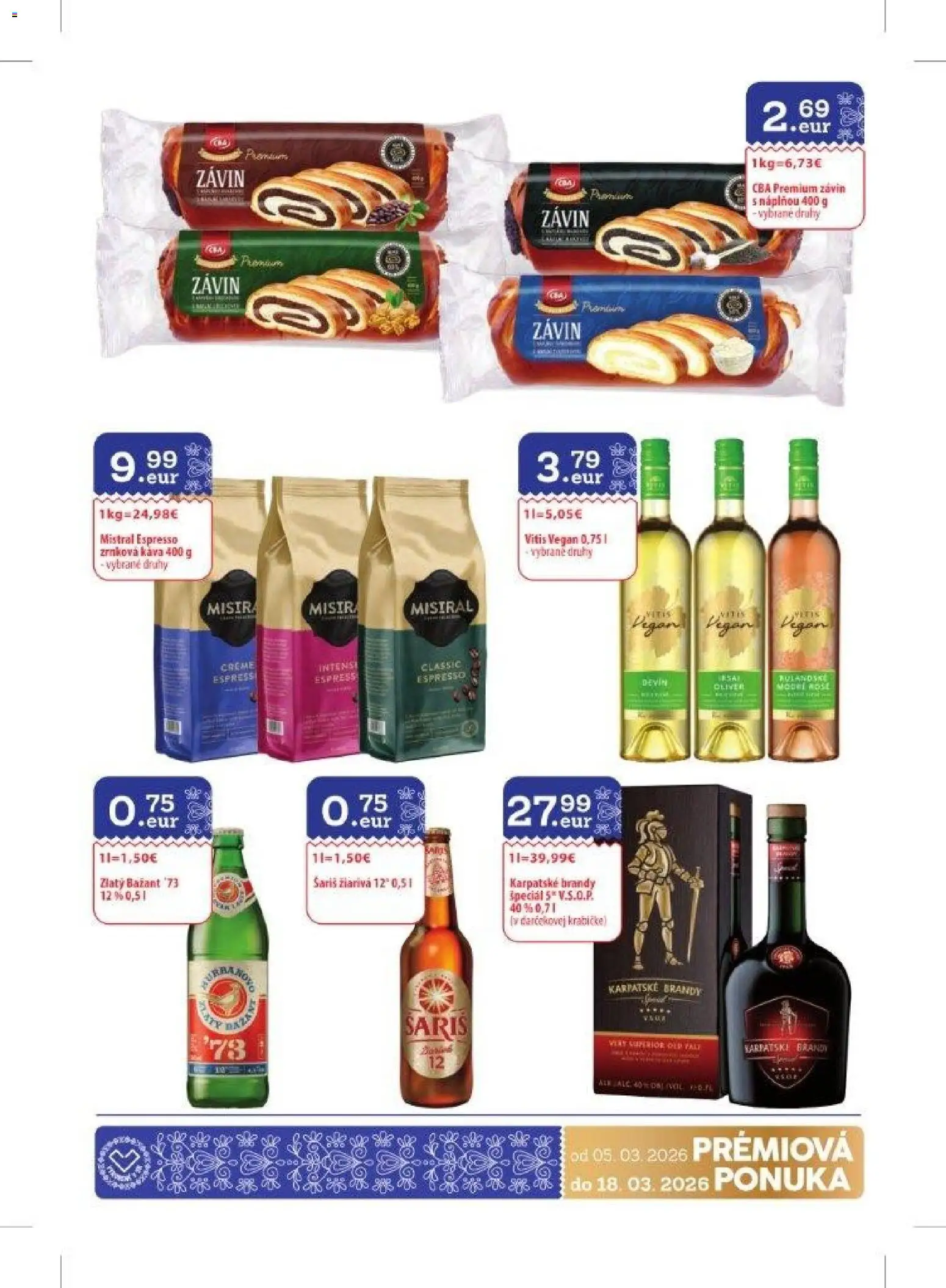 Nové KARMEN CBA akcie – leták je platný od 05.03.2026 | Strana: 29 | Produkty: Karpatské brandy, Zlatý Bažant, Šariš, Zrnková káva
