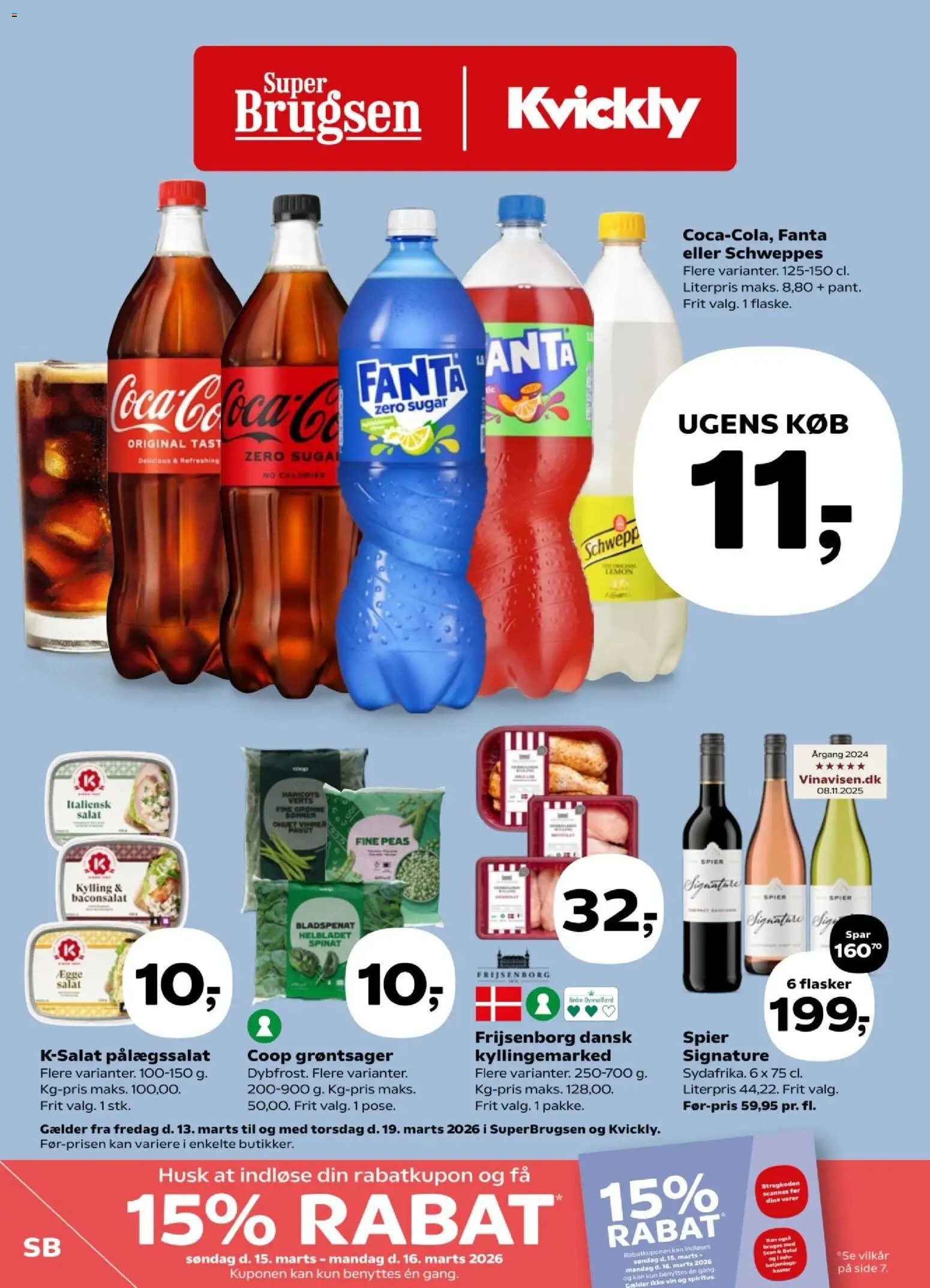 Super Brugsen tilbudsavis – gyldig fra 13.03.2026 | Side: 1 | Produkter: Vin, Salat, Fanta, Spinat