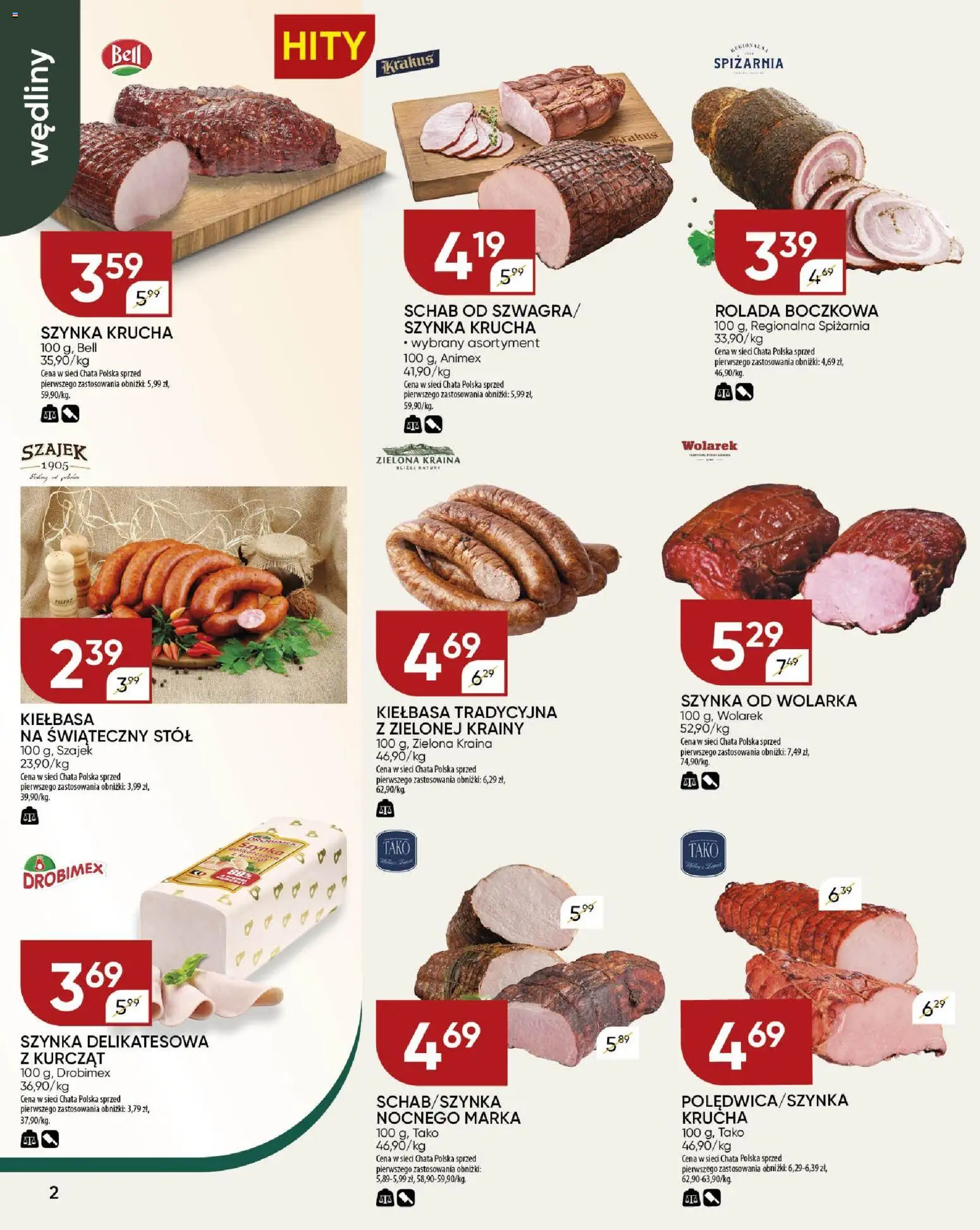 Chata Polska Gazetka od 18.12.2025 | Strona: 2 | Produkty: Kiełbasa, Schab, Bell, Szynka