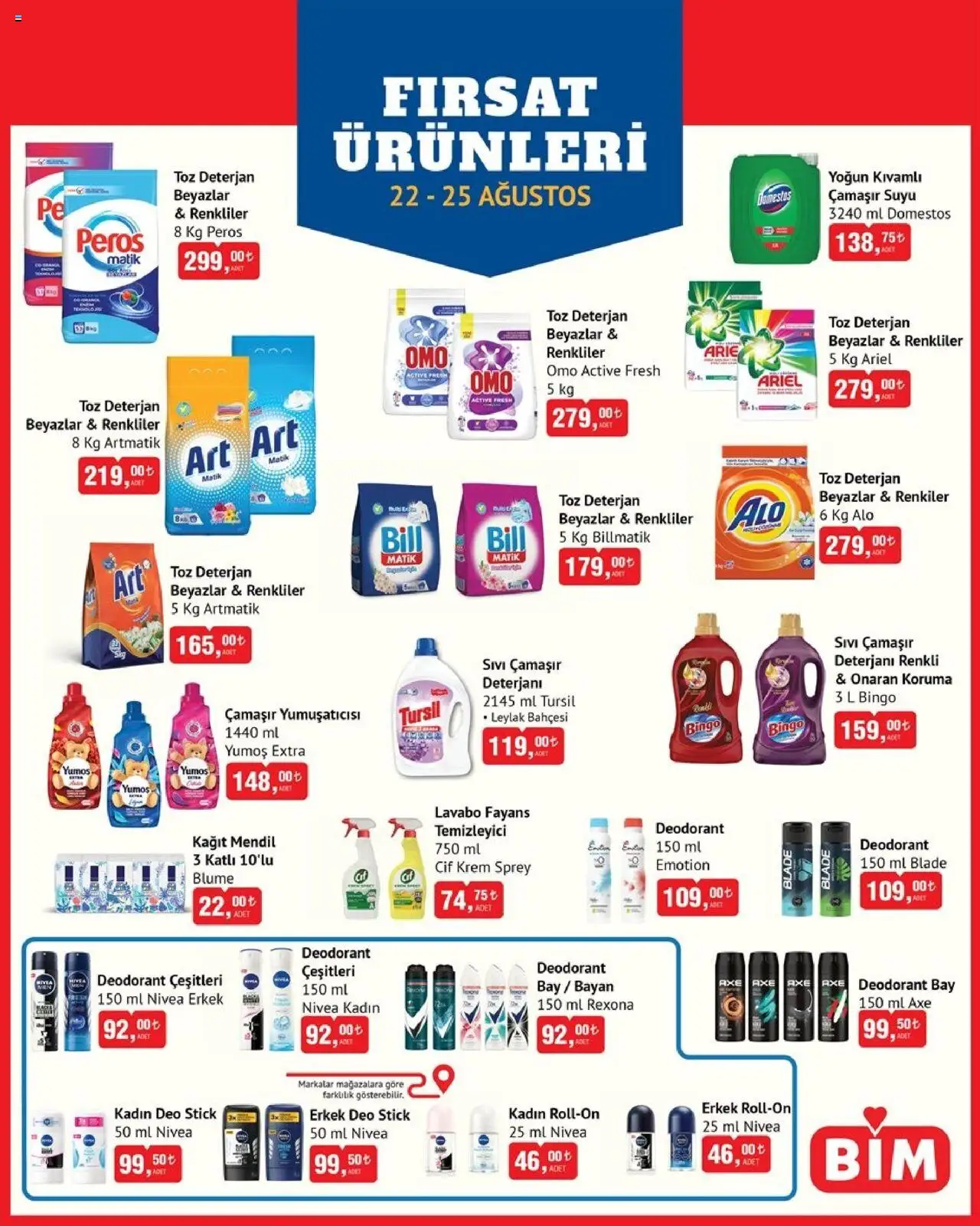 BİM - 22-25 Ağustos, Fırsat Ürünleri - 22.08.2025 tarihinden itibaren geçerlidir | Sayfa: 1 | Ürünler: Krem, Deodorant, Çamaşır deterjanı, Deterjan