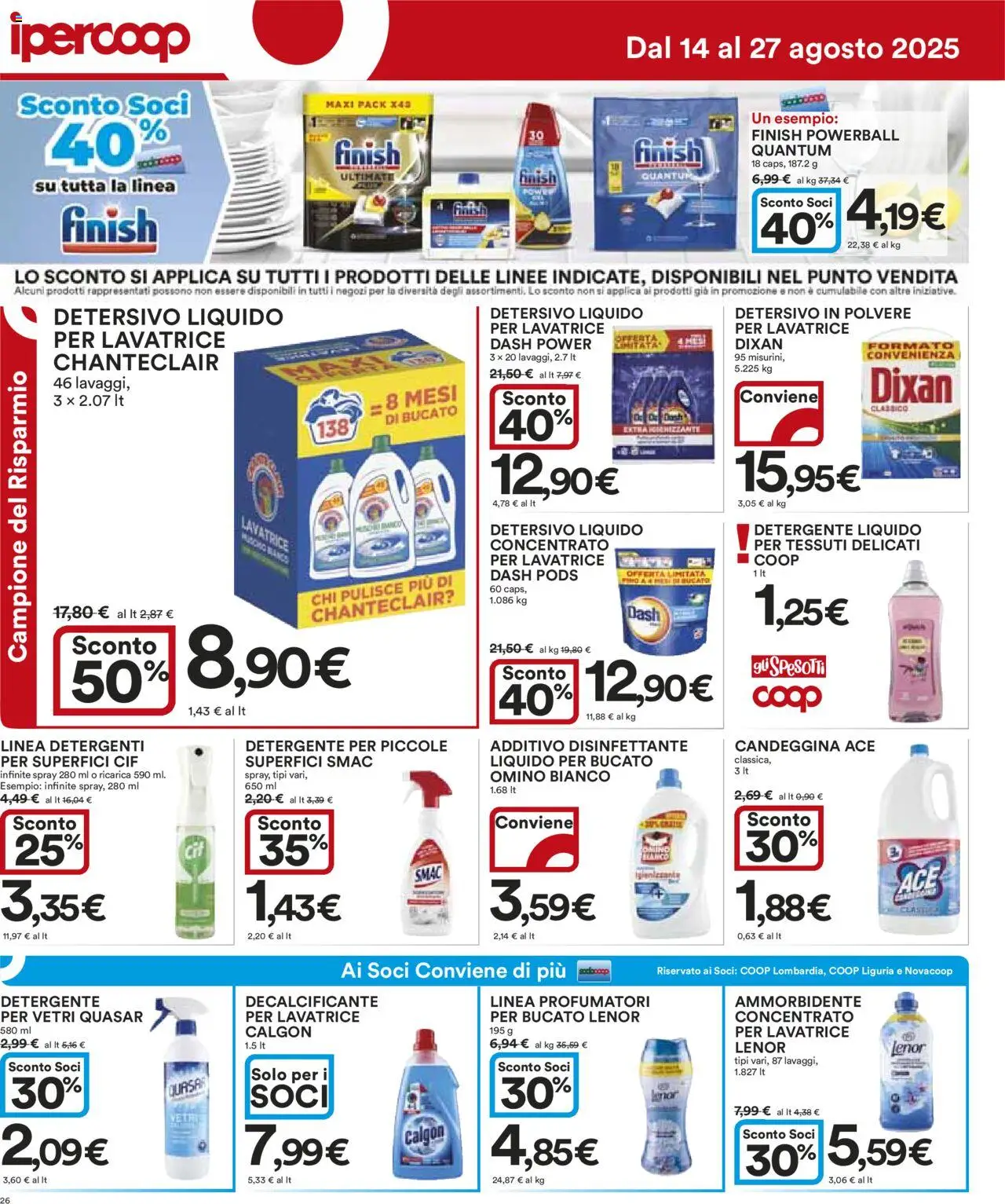 Volantino Ipercoop del 14.08.2025 | Pagina: 26 | Prodotti: Detersivo in polvere, Ammorbidente, Detergente, Lavatrice