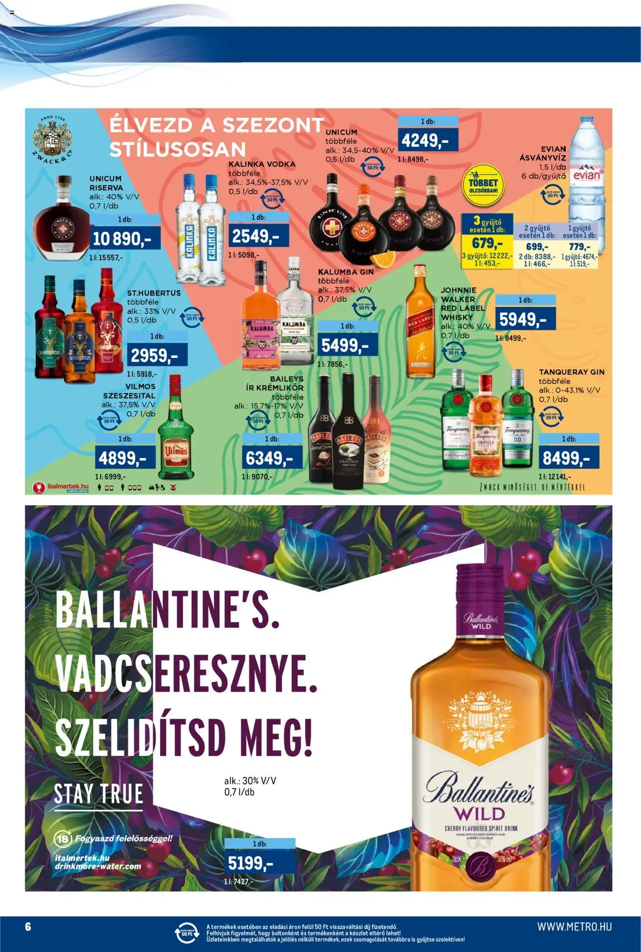 Metro akciós ujság - amely érvényes a következő dátumtól: 15.08.2025 | Oldal: 6 | Termékek: Krémlikőr, Ásványvíz, Vodka, Whisky