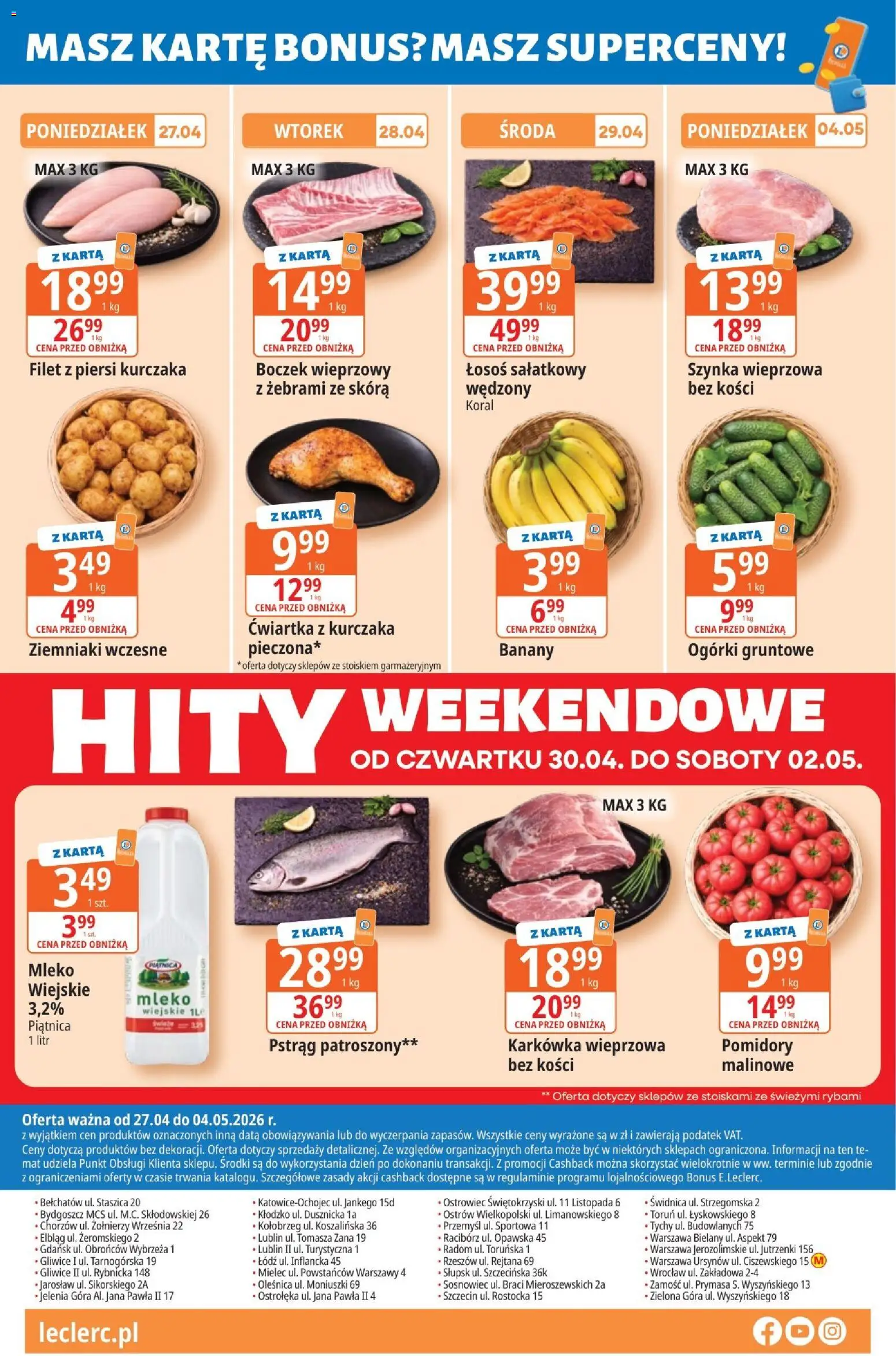 E.Leclerc gazetka - Elbląg od 27.04.2026 | Strona: 8 | Produkty: Karkówka, Boczek wieprzowy, Łosoś, Ogórki