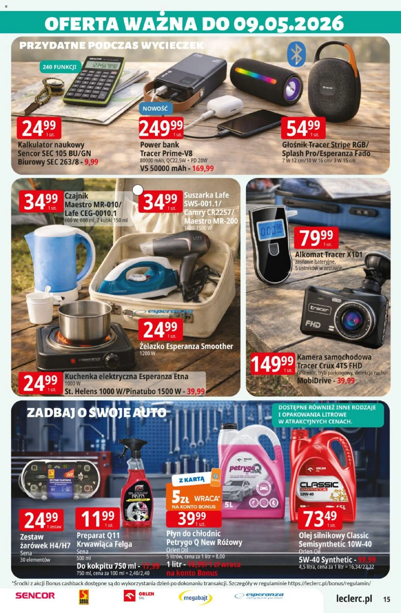 E.Leclerc gazetka od 21.04.2026 | Strona: 15 | Produkty: Głośnik, Czajnik, Kamera samochodowa, Olej