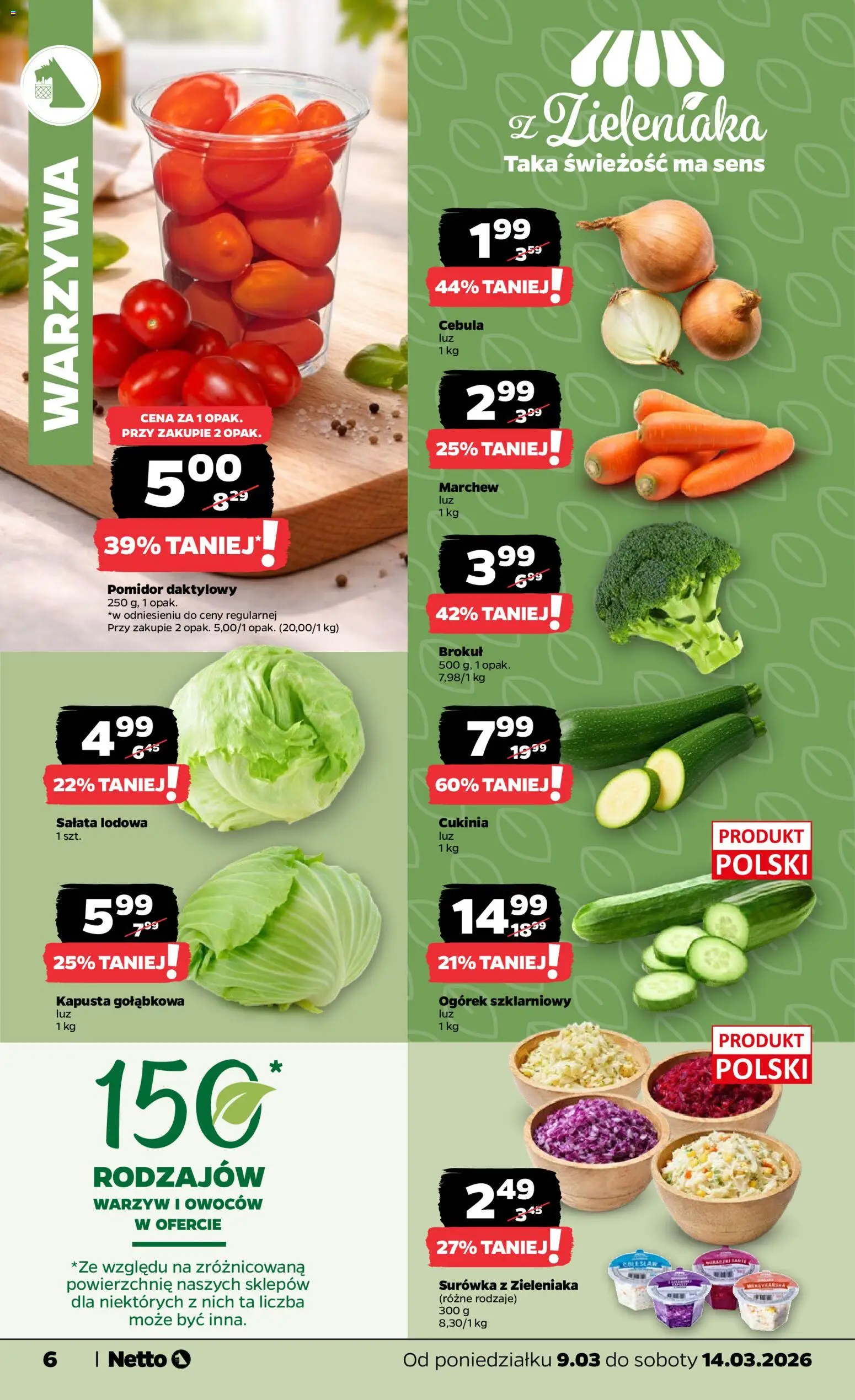 Netto gazetka od poniedziałku spożywcza od 09.03.2026 | Strona: 6 | Produkty: Kapusta, Cukinia, Ogórek szklarniowy, Warzywa