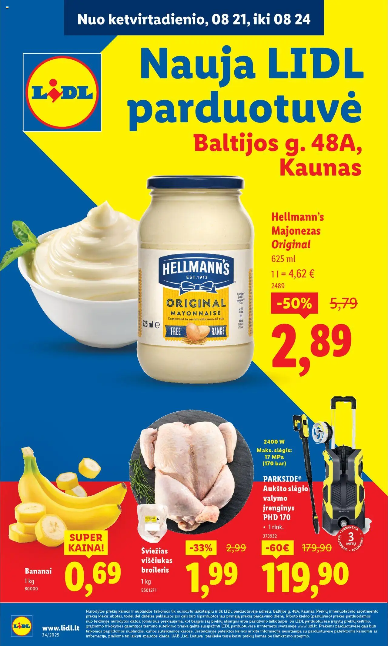 LIDL - Leidinys - Nauja LIDL parduotuvė Baltijos g. 48A, Kaunas│galioja nuo 21.08.2025 | Puslapis: 1 | Prekių: Viščiukas, Majonezas, Bananai