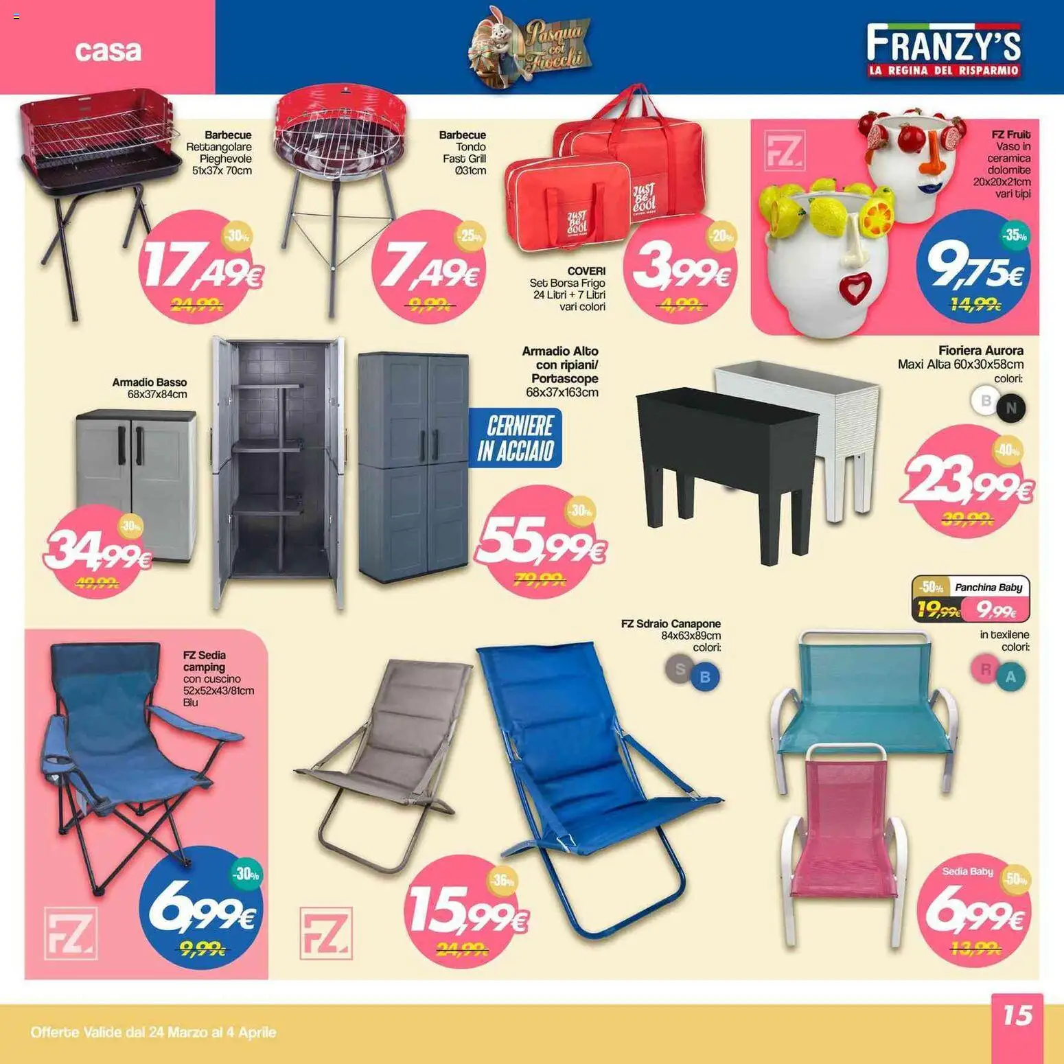 Volantino Franzy's del 24.03.2026 | Pagina: 15 | Prodotti: Sdraio, Borsa, Cuscino, Vaso