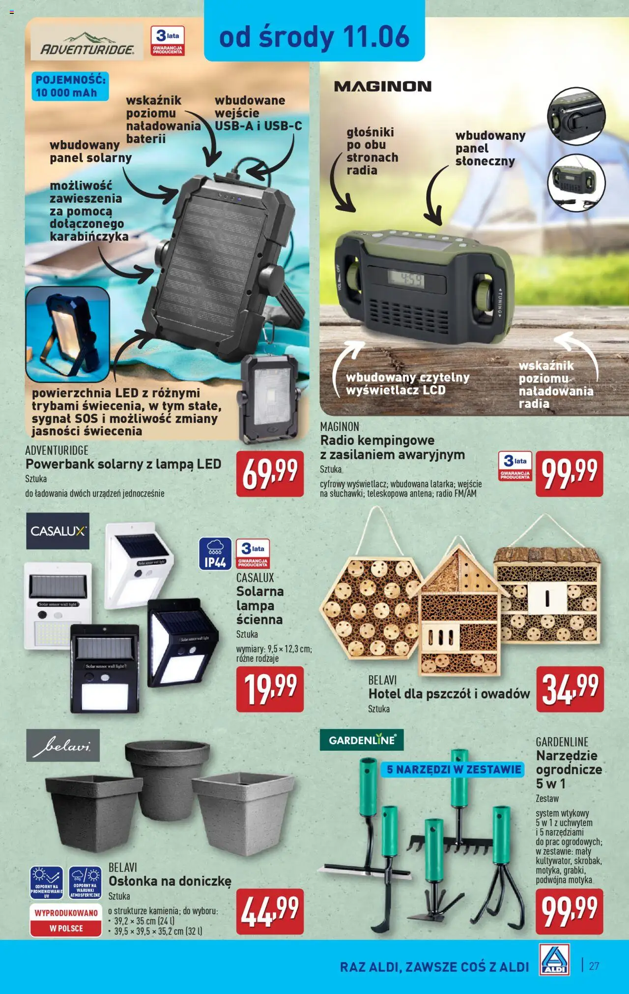 Aldi Gazetka od 09.06.2025 | Strona: 27 | Produkty: Radio, Powerbank, Lampa, Sos