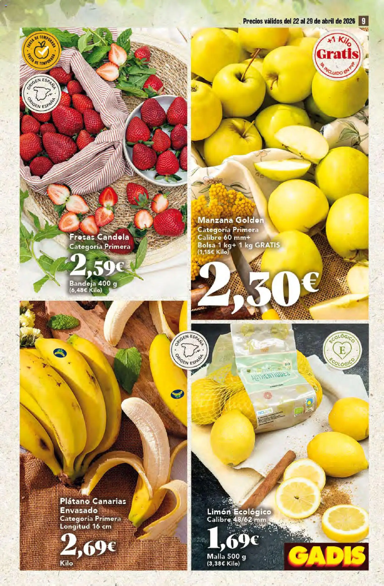 Gadis folleto │ válido desde el 22.04.2026 | Página: 9 | Productos: Fresas, Manzana, Bolsa, Bandeja