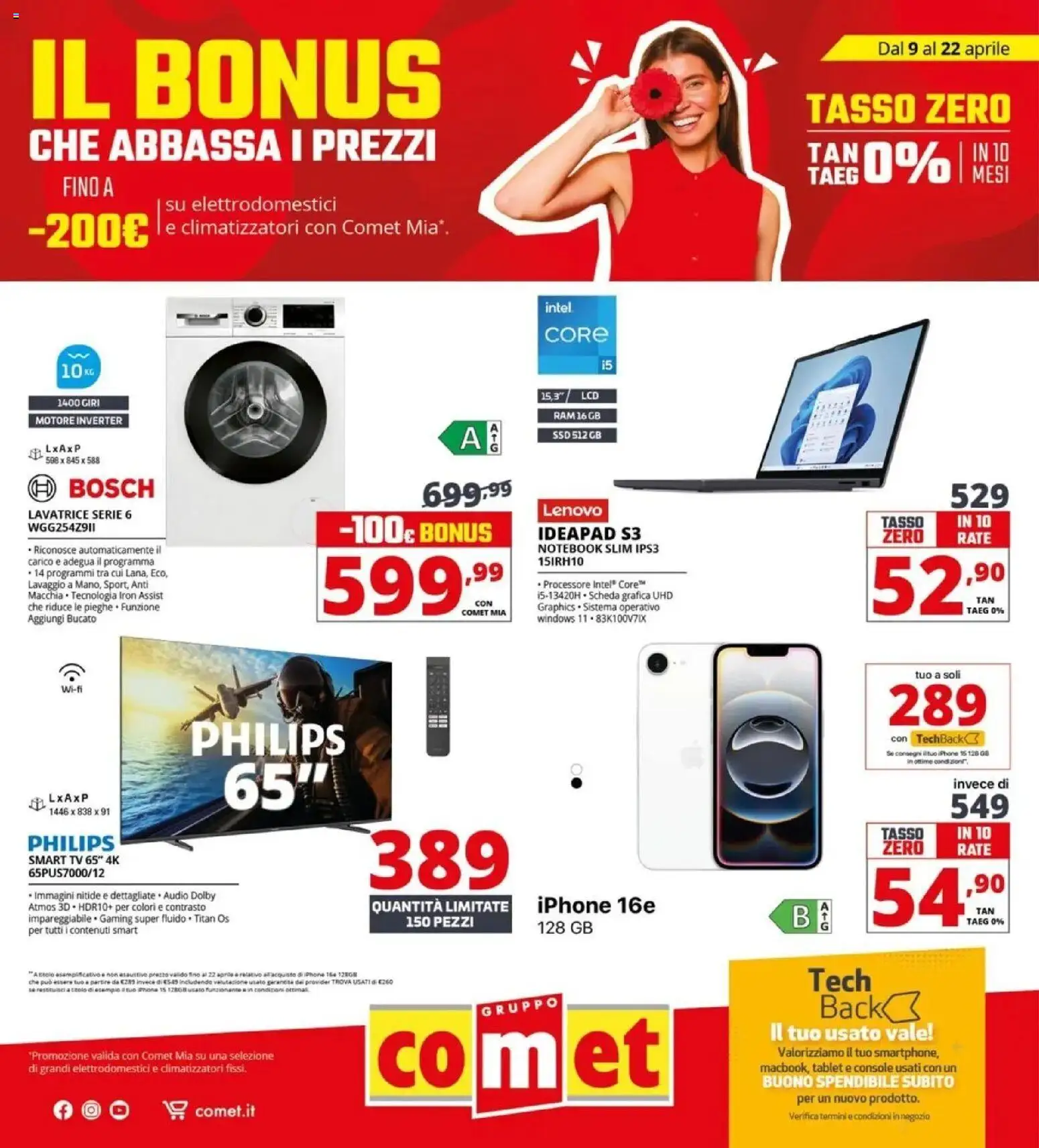 Volantino Comet del 09.04.2026 | Pagina: 1 | Prodotti: Iphone, Lavatrice, Tablet, TV