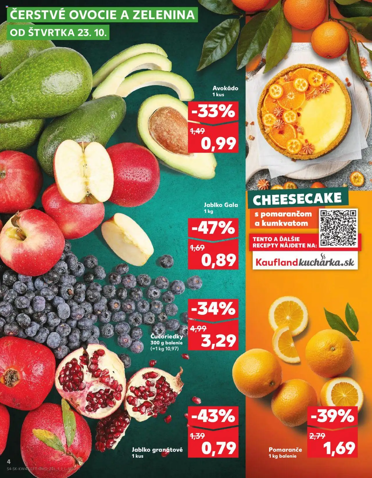 Nové Kaufland akcie – leták je platný od 23.10.2025 | Strana: 4 | Produkty: Pomaranče, Apple, Čučoriedky, Avokádo