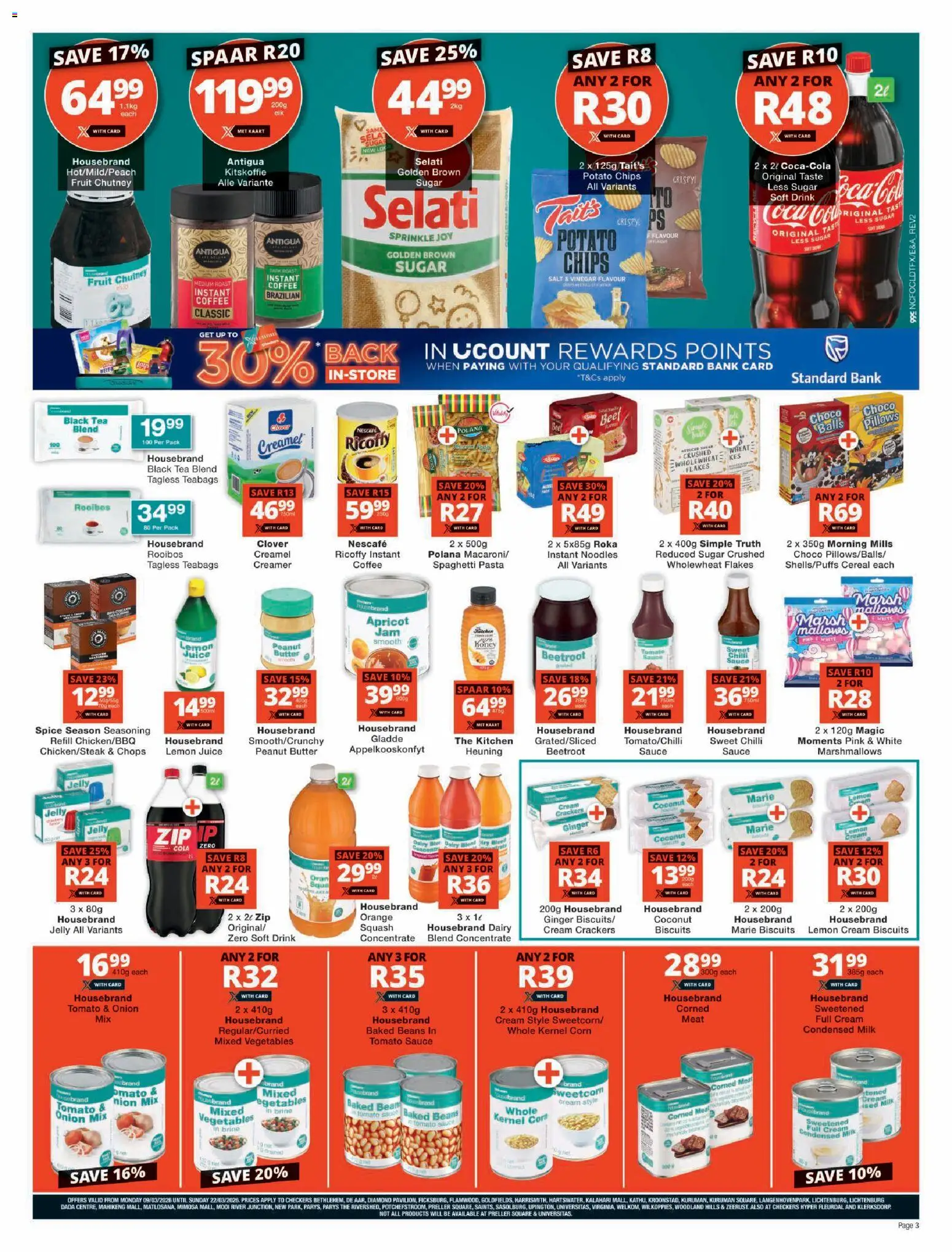 New Checkers catalogue – valid from 09.03.2026 | Page: 3 | Products: Corned meat, Squash, Tea, Fruit