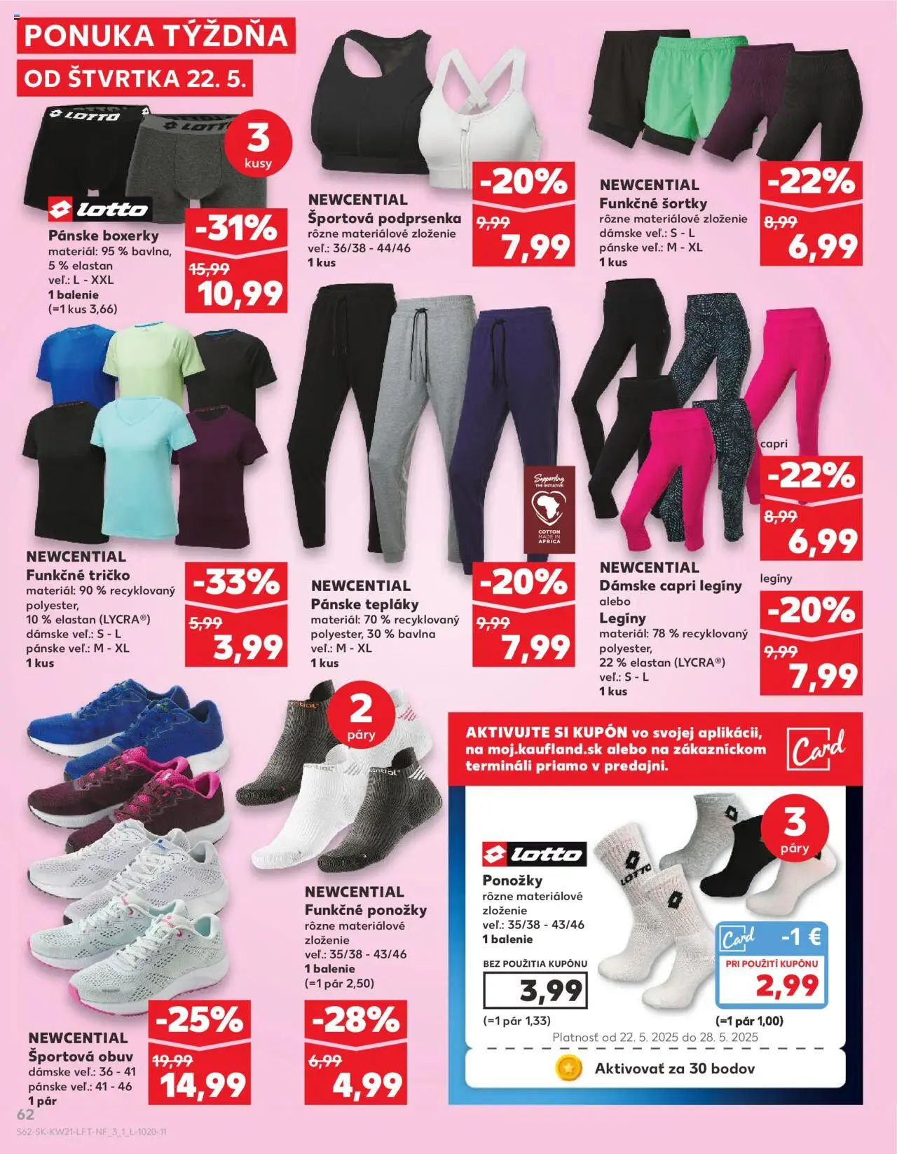 Nové Kaufland akcie – leták je platný od 22.05.2025 | Strana: 62 | Produkty: Tričko, Ponožky, Boxerky, Športová obuv