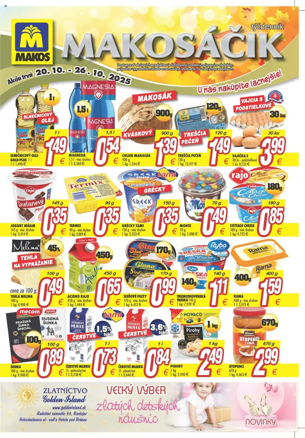 Nové Makos akcie – leták je platný od 20.10.2025 | Strana: 2 | Produkty: Jogurt, Vajcia, Olej, Magnesia