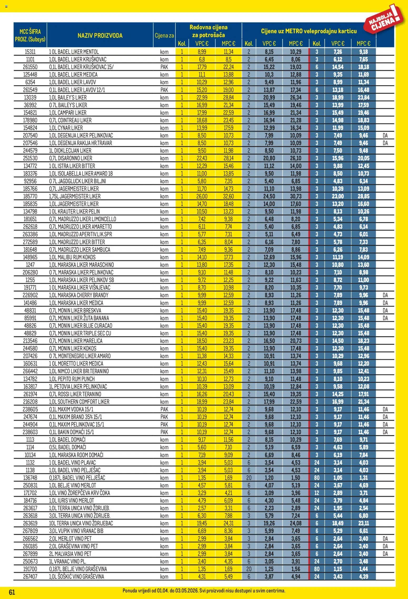 Metro katalog | vrijedi od 01.04.2026 | Stranica: 61 | Proizvodi: Pelinkovac, Vino, Rakija, Rum