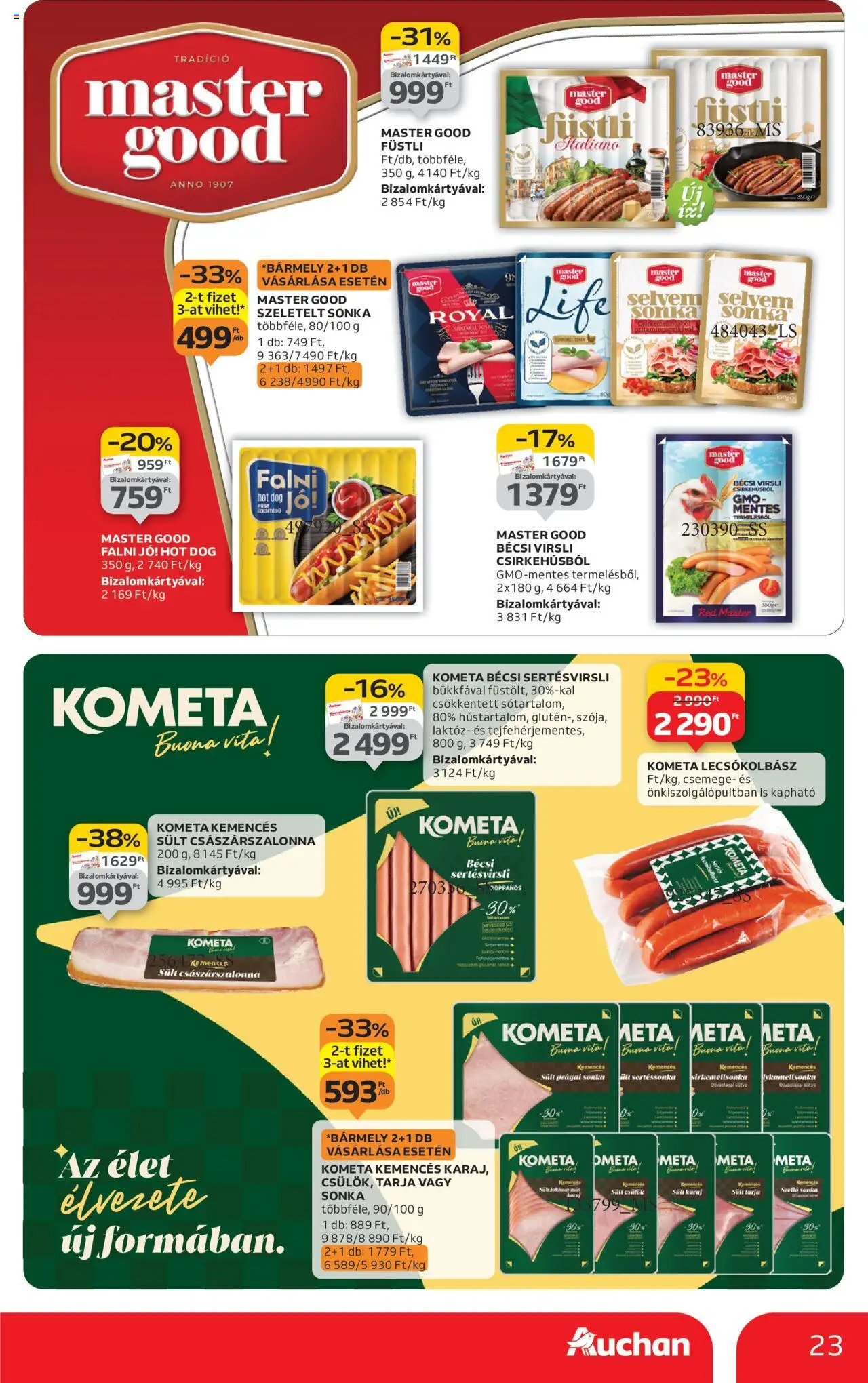 Auchan akciós ujság - amely érvényes a következő dátumtól: 09.10.2025 | Oldal: 23 | Termékek: Virsli, Hot dog, Prágai sonka, Lecsókolbász