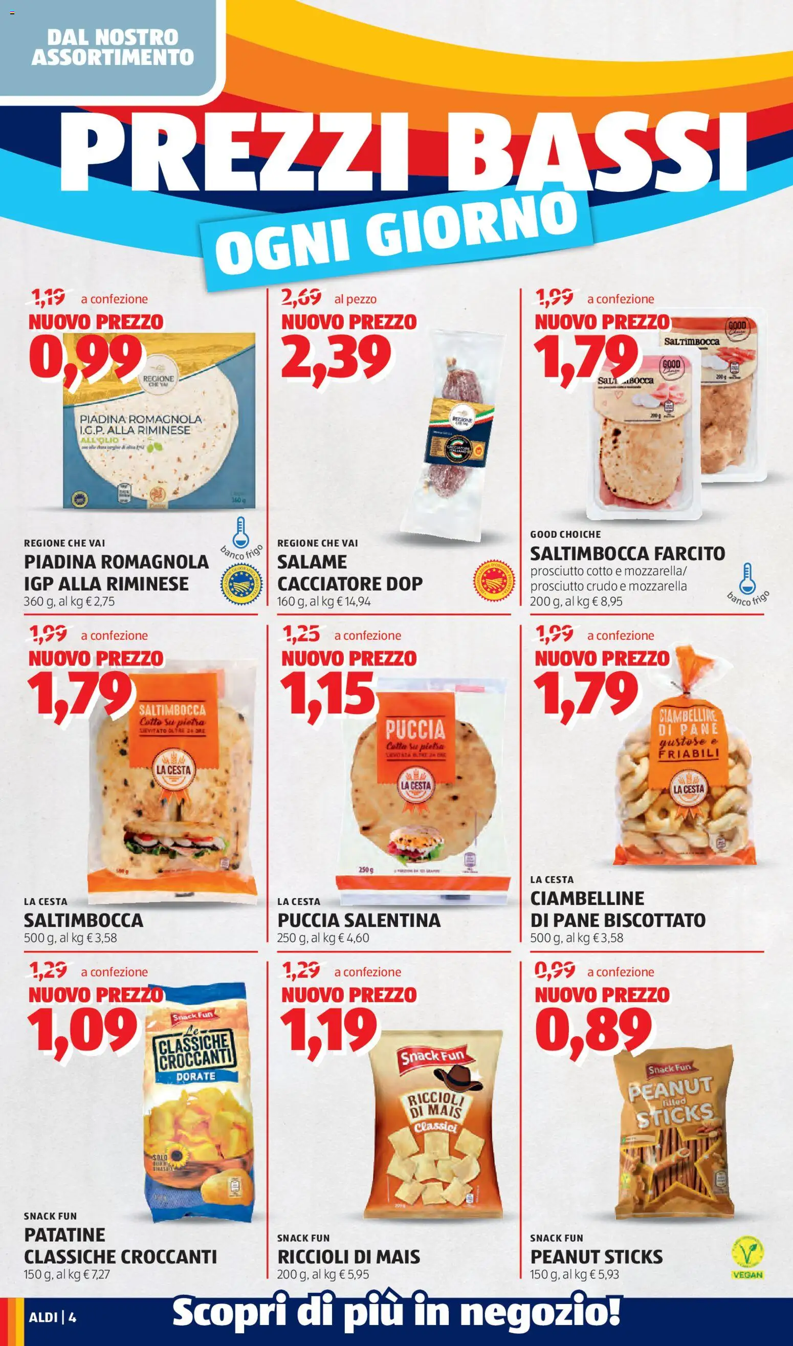 Volantino Aldi del 06.04.2026 | Pagina: 4 | Prodotti: Prosciutto Cotto, Pane, Patatine, Piadina