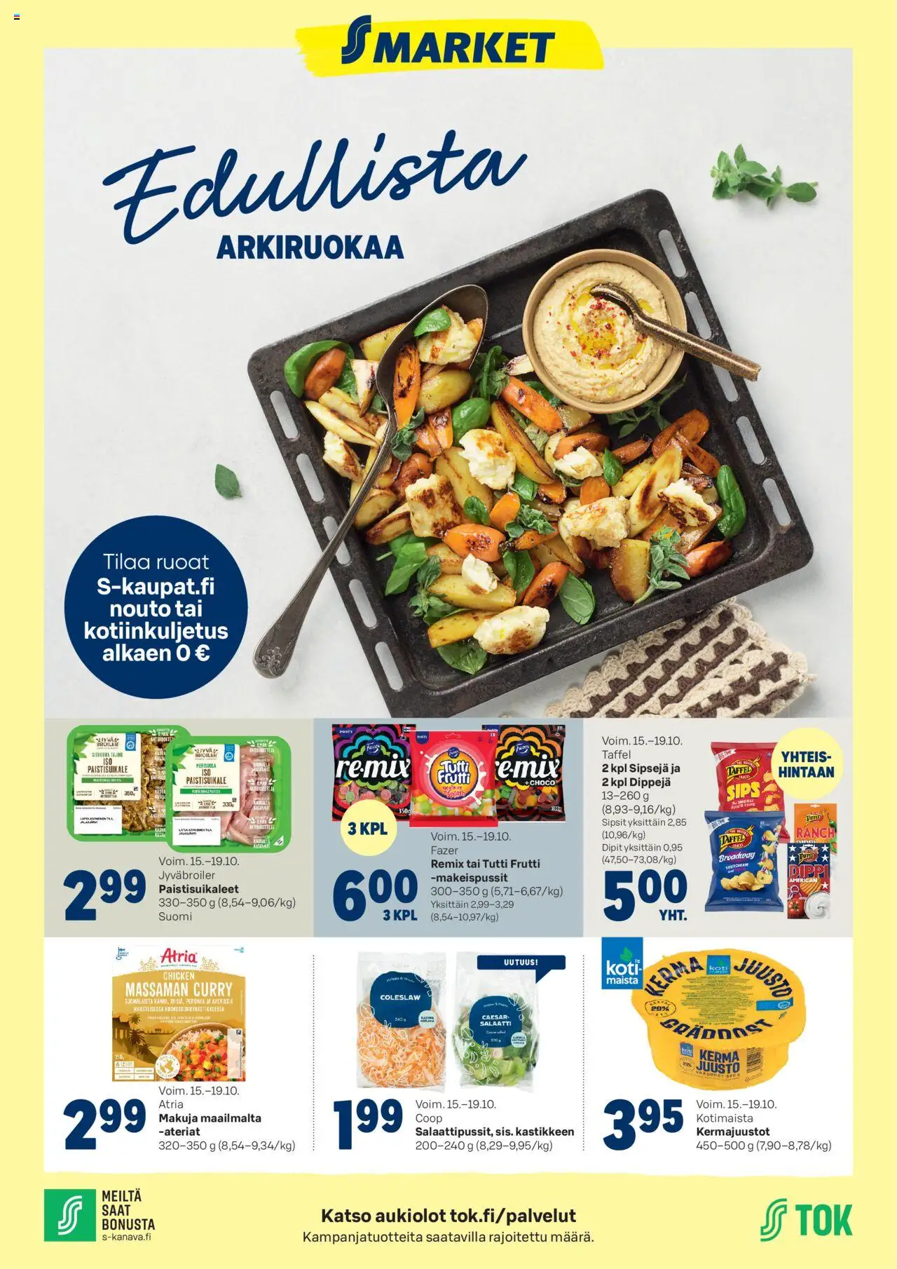 S-market tarjoukset - Edullista Arkiruokаa – voimassa 15.10.2025 alkaen | Sivu: 1 | Tuotteet: Makeispussit, Curry, Juusto, Salaatti