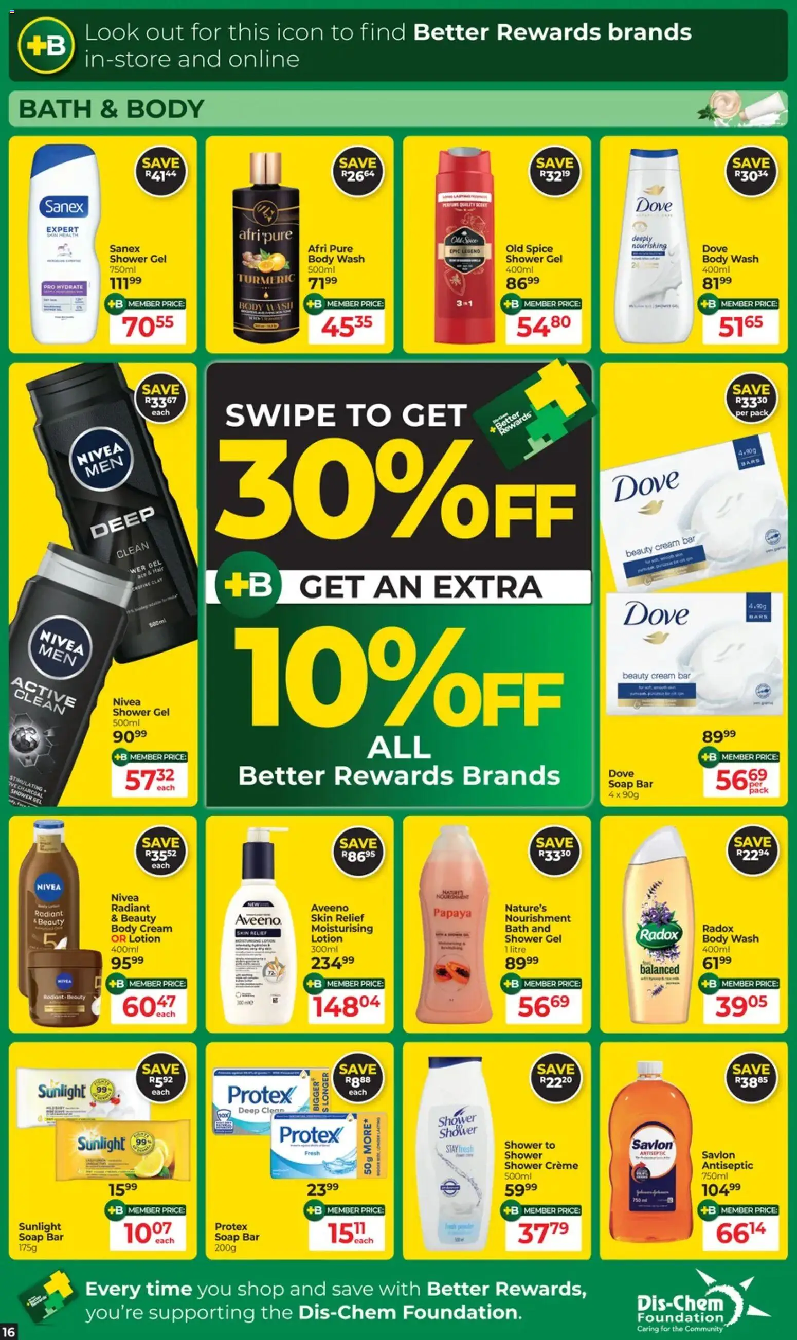 New Dis-Chem catalogue – valid from 21.10.2025 | Page: 16 | Products: Foundation, Cream, Shower gel, Body wash