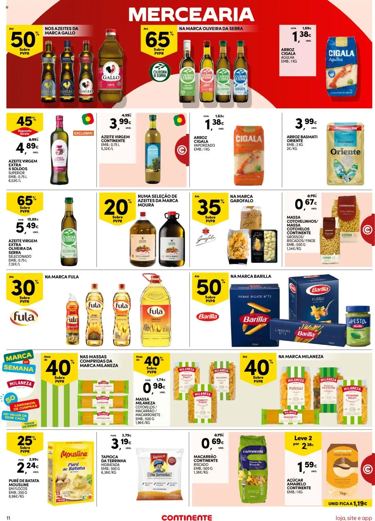 Continente Semanal Continente Bom Dia │ válido de 21.10.2025 | Página: 11 | Produtos: Tapioca, Açúcar, Massa milaneza, Flocos