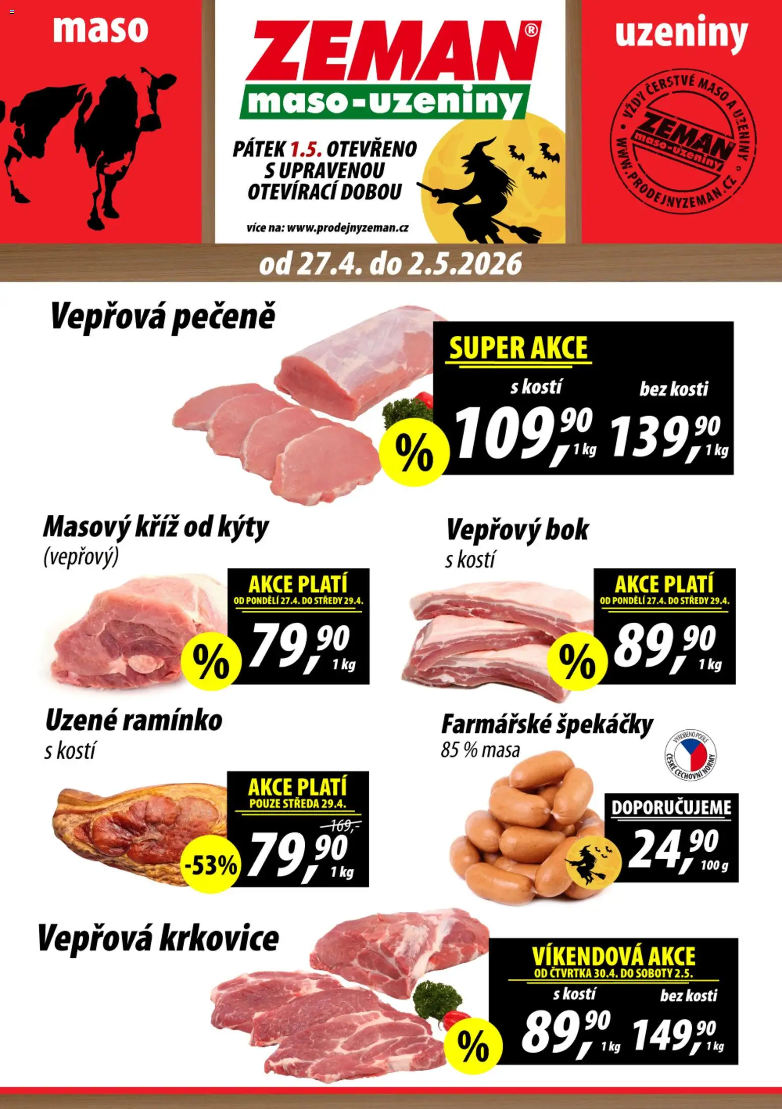 Prodejny Zeman leták od 27.04.2026 | Strana: 1 | Produkty: Vepřová pečeně, Uzeniny, Krkovice, Vepřová krkovice