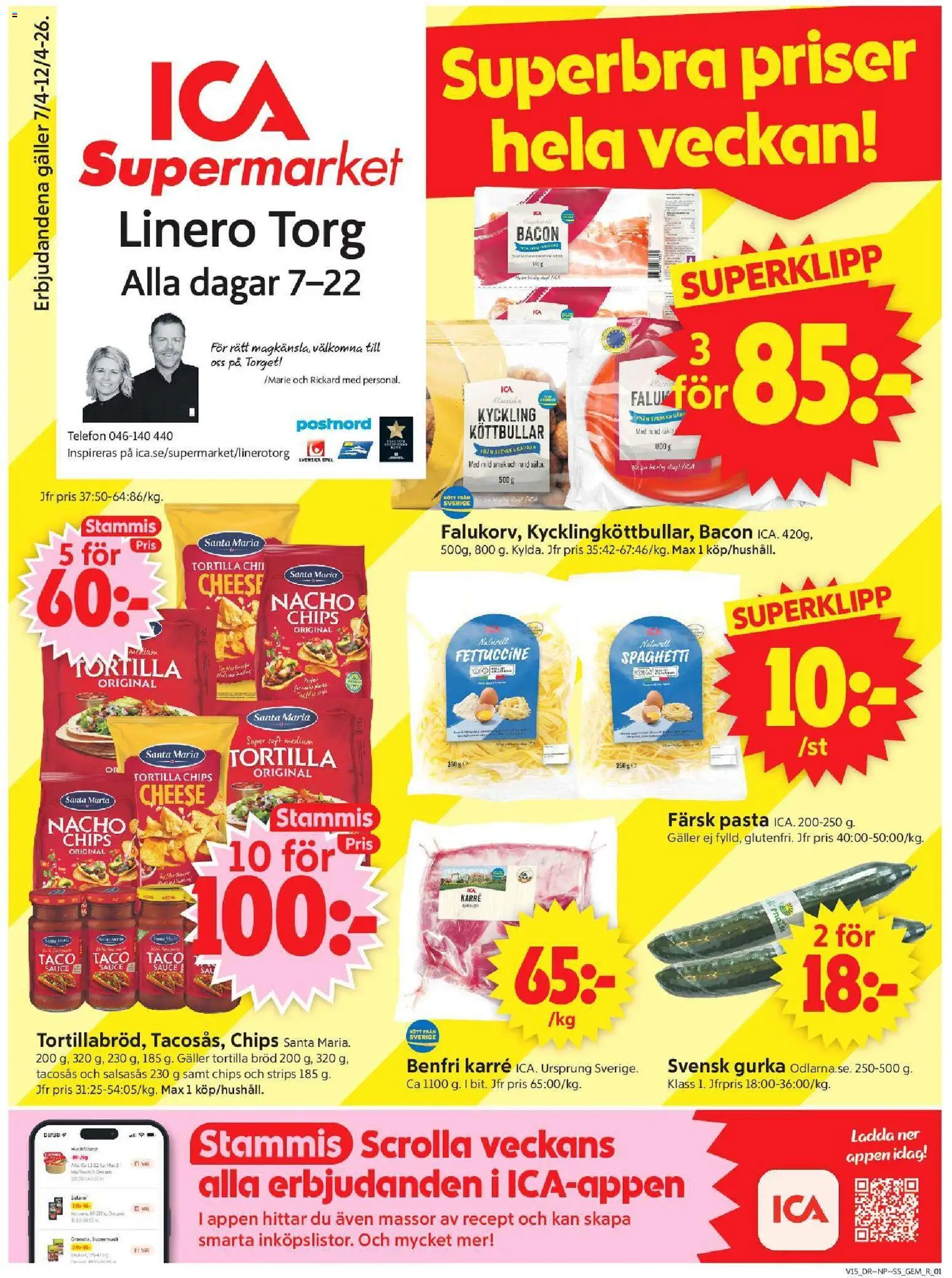 ICA Supermarket reklamblad aktuell från 06.04.2026 | Sida: 1 | Produkter: Bacon, Bröd, Telefon, Gurka