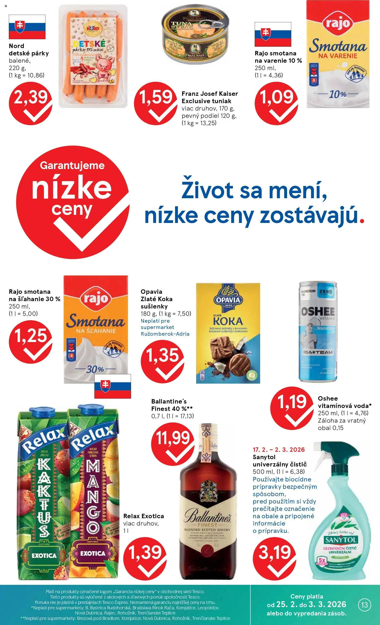 Nové Tesco akcie – leták je platný od 25.02.2026 | Strana: 13 | Produkty: Tuniak, Smotana, Sanytol, Smotana na šľahanie