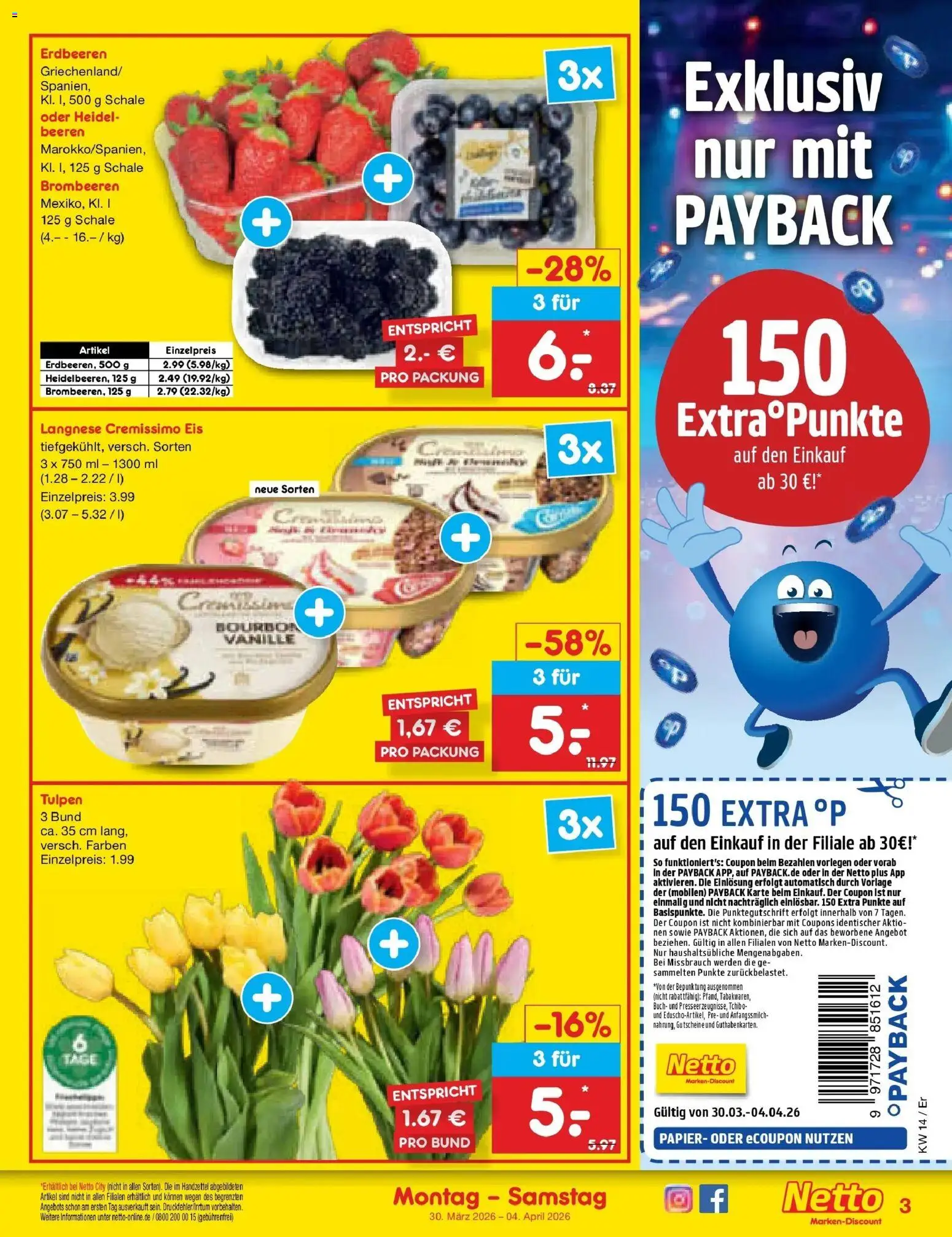 Netto Marken-Discount Prospekt Jena-Lobeda	 – gültig ab 30.03.2026 | Seite: 3 | Produkte: Langnese, Langnese cremissimo, Cremissimo, Bourbon
