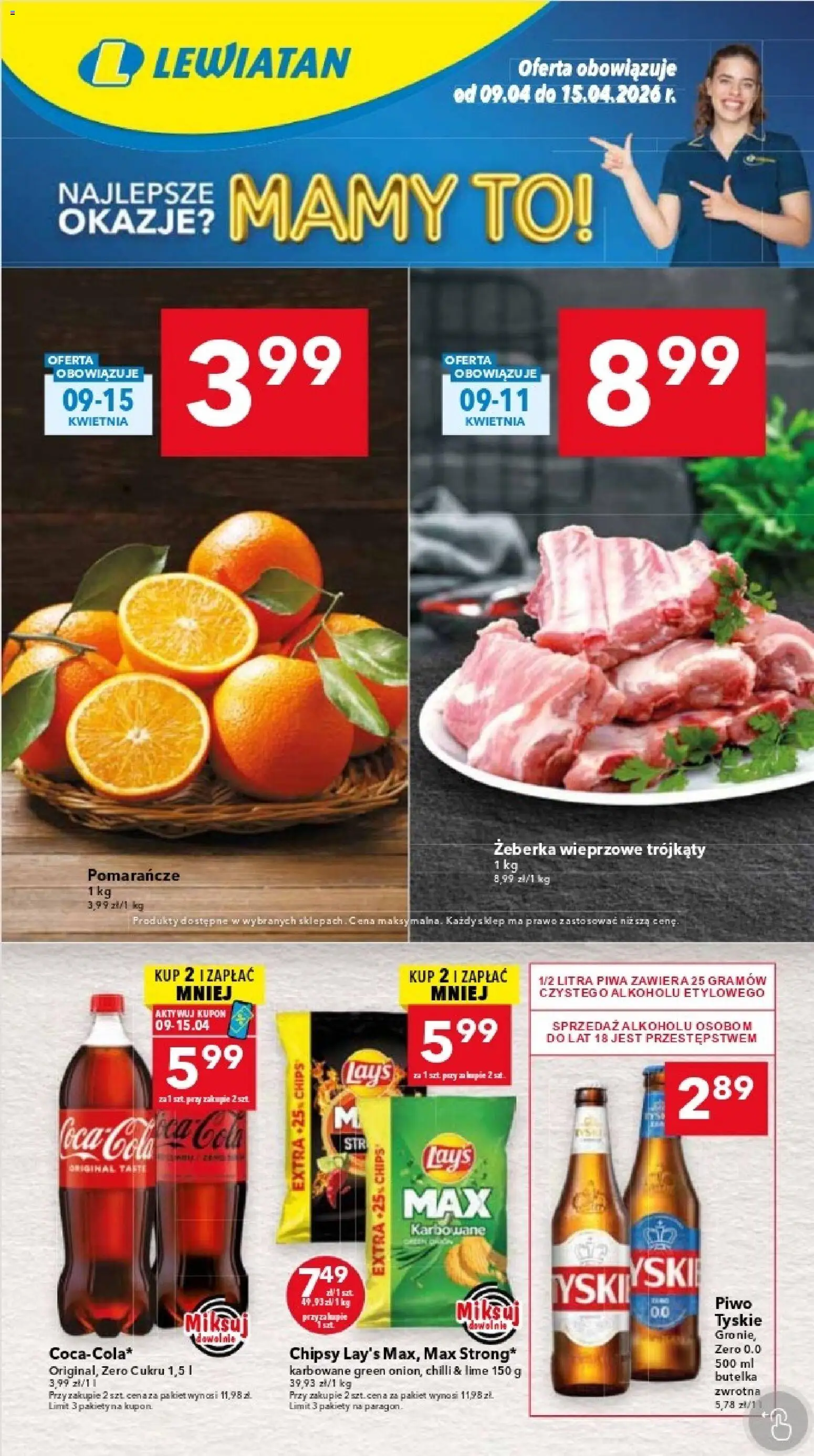 Lewiatan gazetka - Katowice od 09.04.2026 | Strona: 1 | Produkty: Chipsy, Lays, Piwo, Pomarańcze