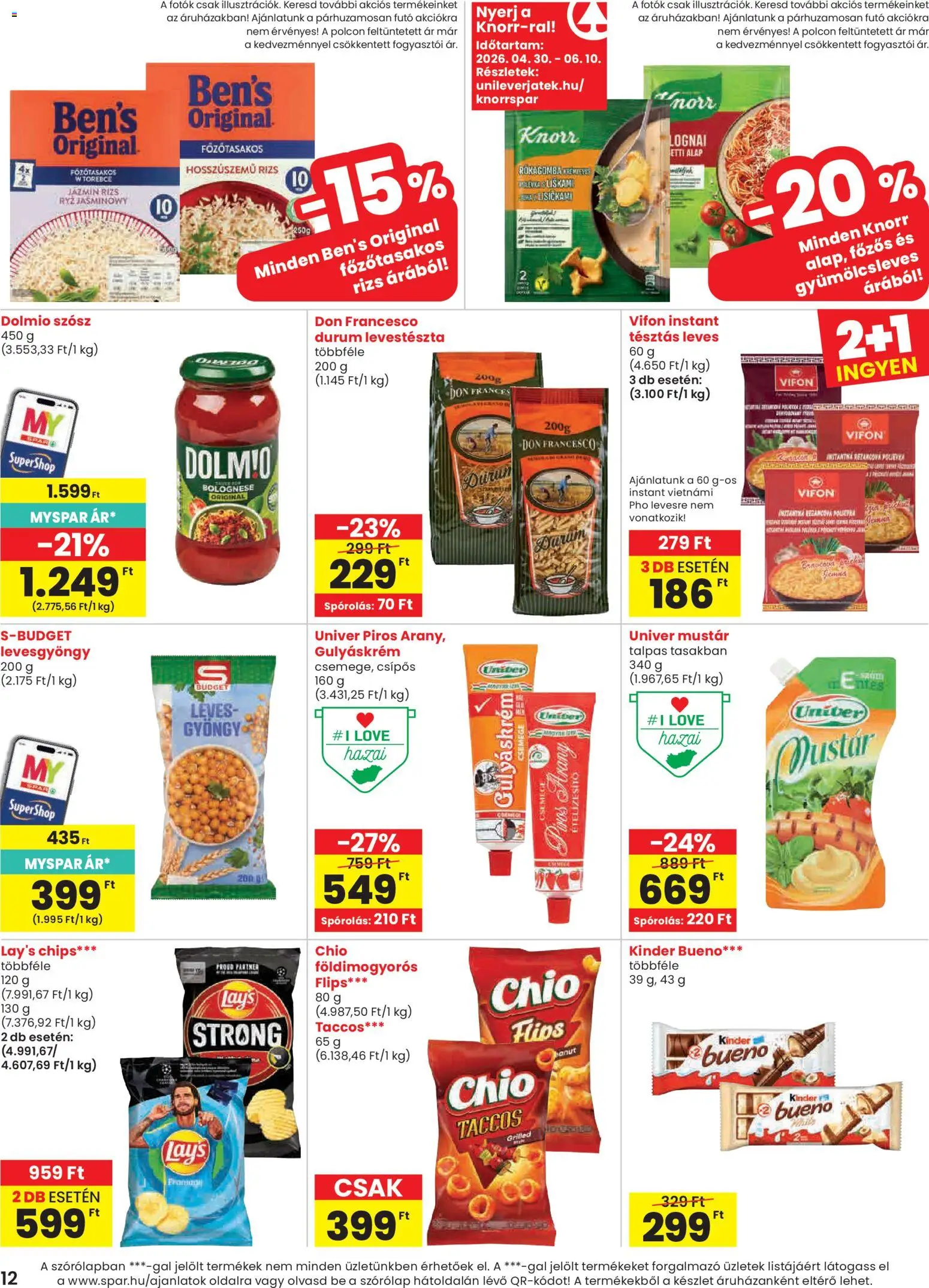 Spar akciós ujság - amely érvényes a következő dátumtól: 30.04.2026 | Oldal: 12 | Termékek: Chips, Jázmin rizs, Rizs, Mustár