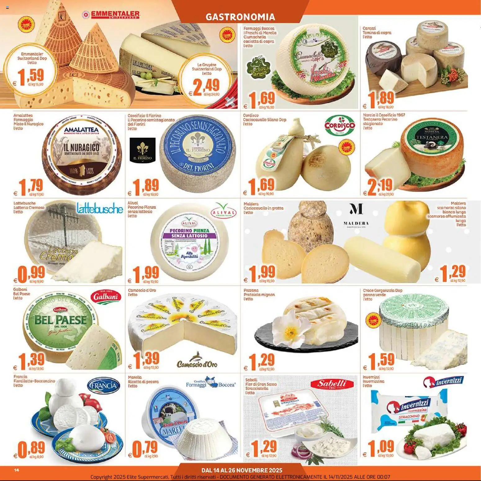Volantino Elite Supermercati del 14.11.2025 | Pagina: 14 | Prodotti: Formaggio, Stracchino, Ricotta, Gorgonzola