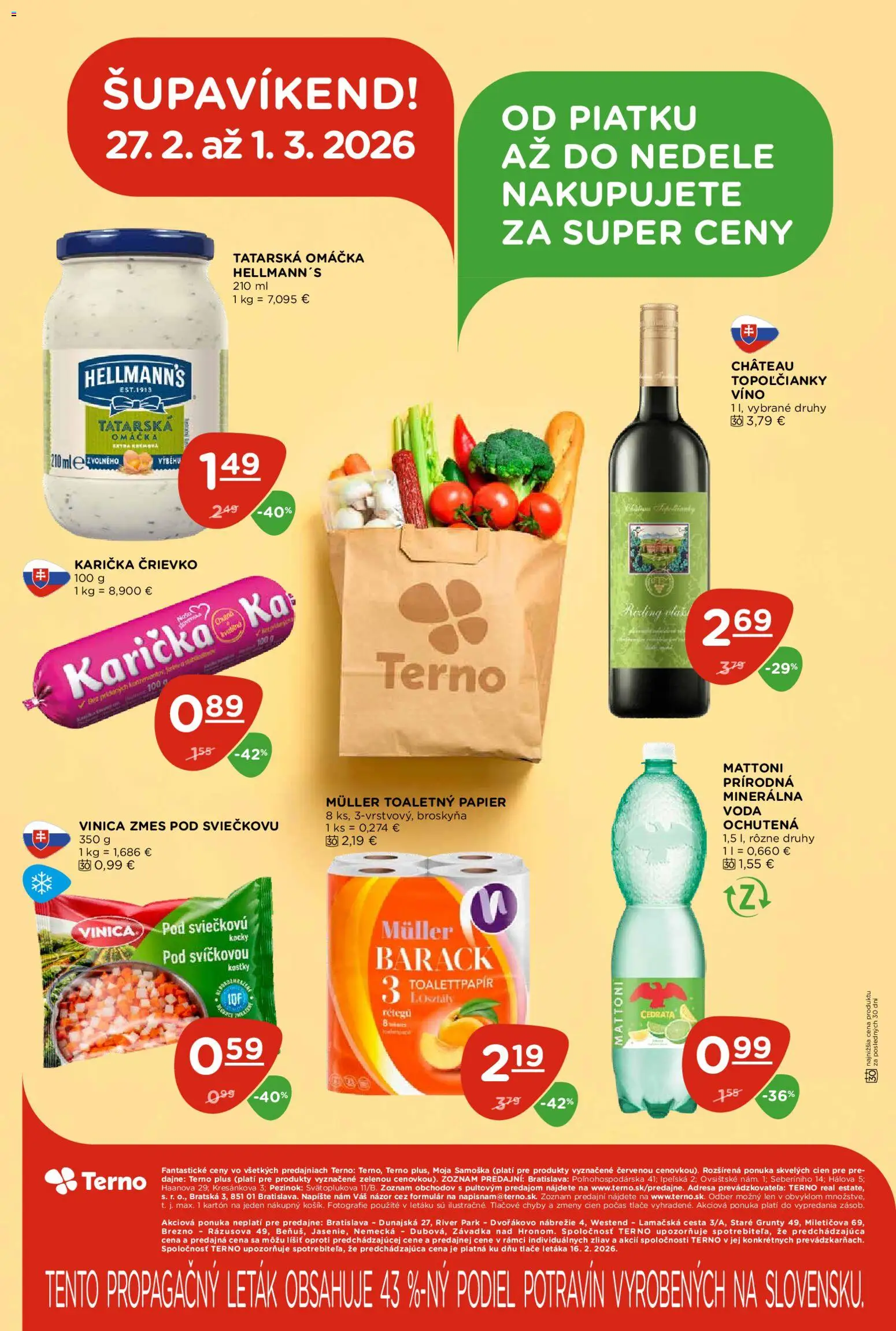 Nové Terno akcie – leták je platný od 26.02.2026 | Strana: 20 | Produkty: Víno, Toaletný papier, Mattoni, Voda