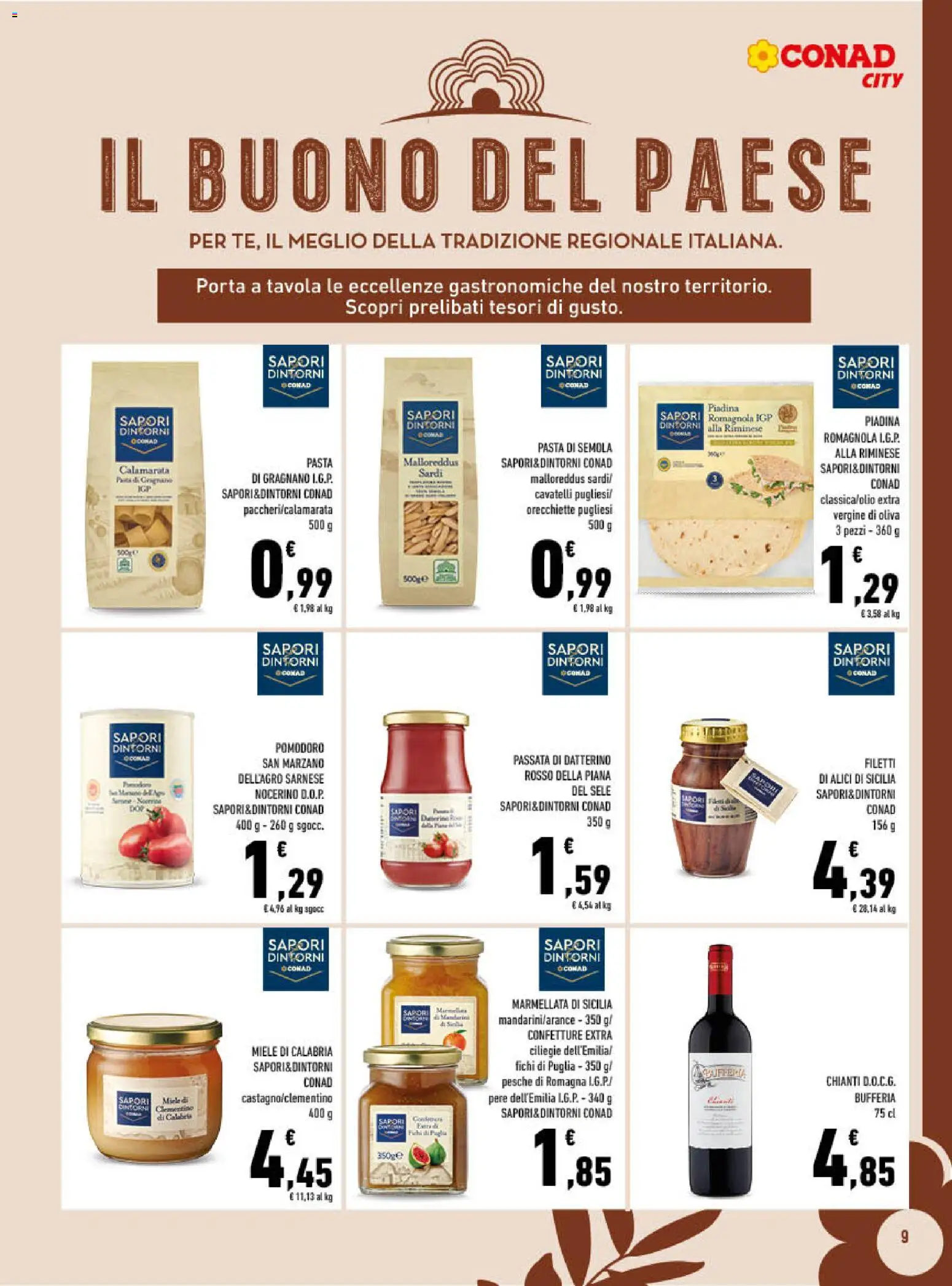 Volantino Conad del 28.01.2026 | Pagina: 9 | Prodotti: Pasta, Piadina, Orecchiette, Miele