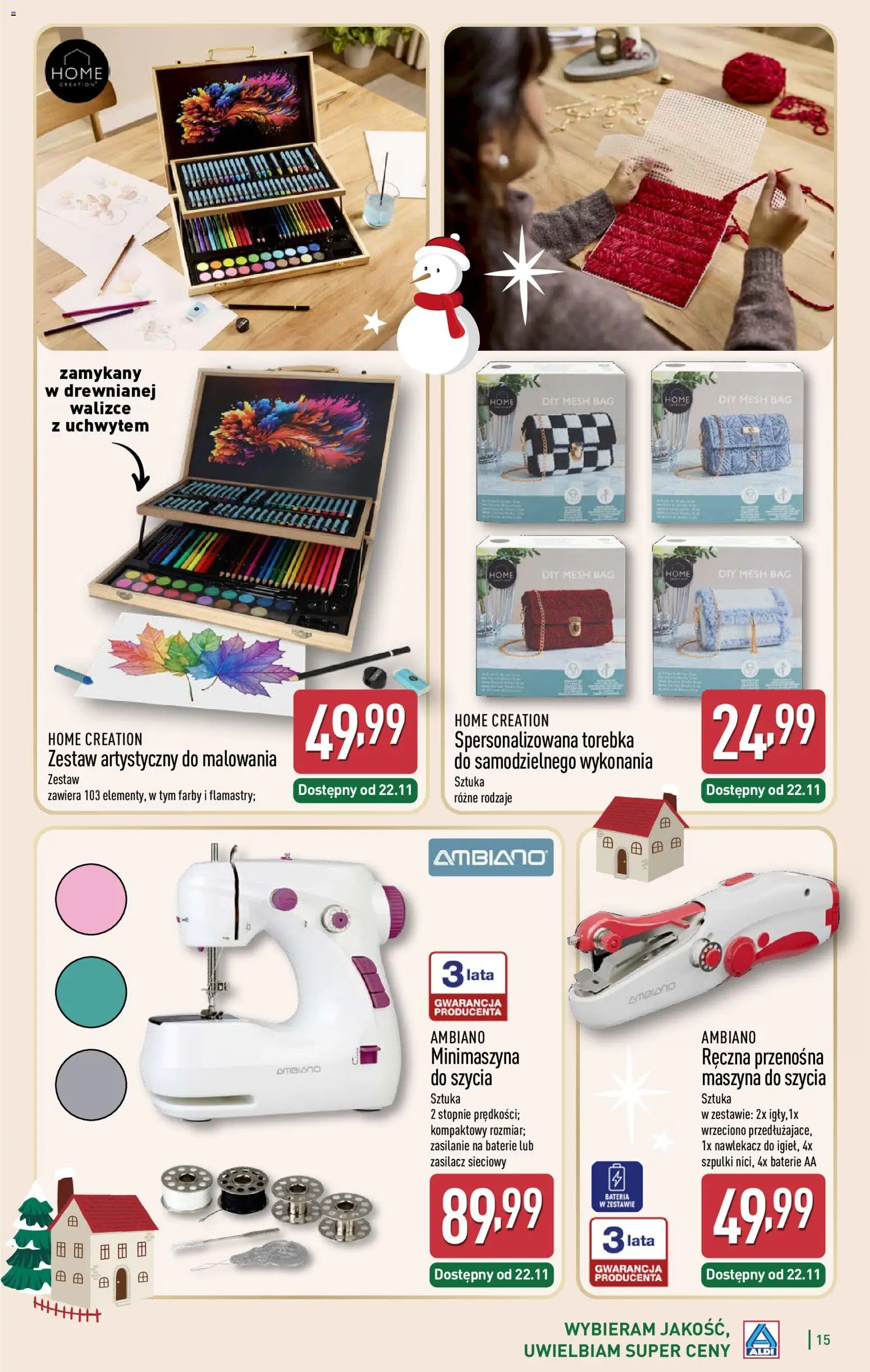 Aldi Gazetka - Katalog prezentowy od 03.11.2025 | Strona: 15 | Produkty: Torebka, Baterie, Maszyna do szycia, Bateria