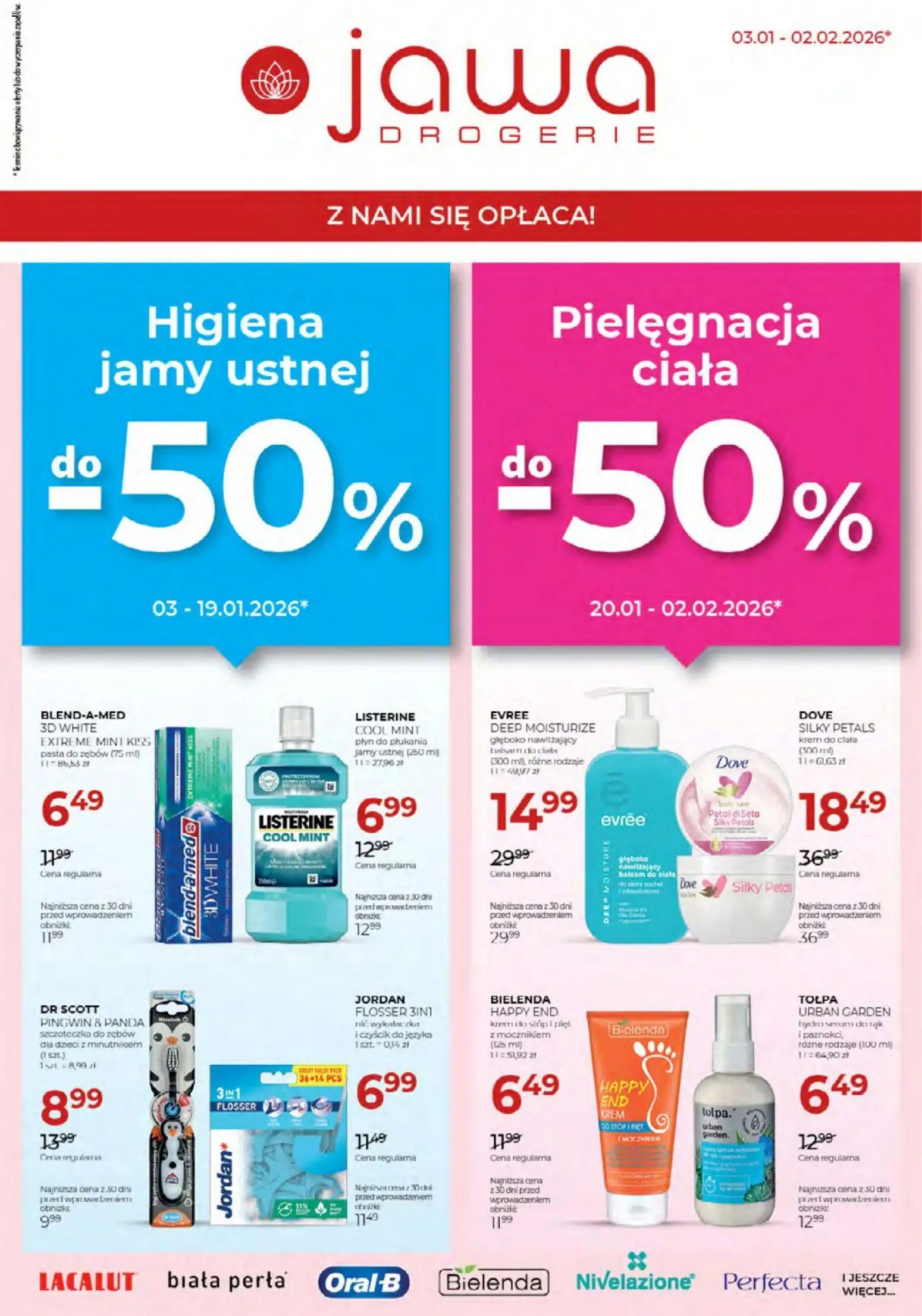 Jawa Gazetka od 03.01.2026 | Strona: 1 | Produkty: Krem do ciała, Lacalut, Szczoteczka do zębów, Krem do stóp