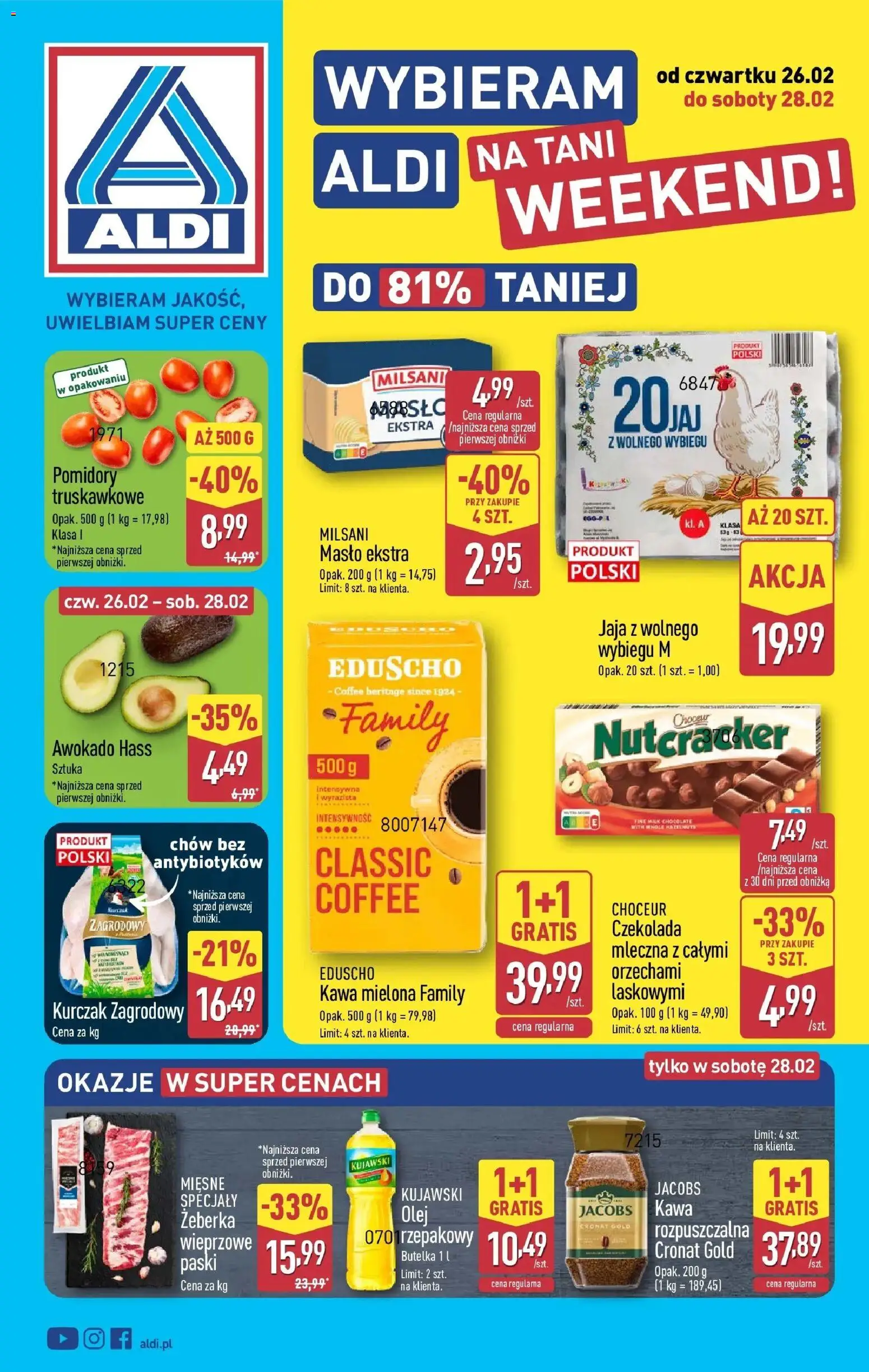 Aldi Gazetka - Okazje na weekend od 26.02.2026 | Strona: 1 | Produkty: Kurczak zagrodowy, Czekolada, Pomidory, Jaja