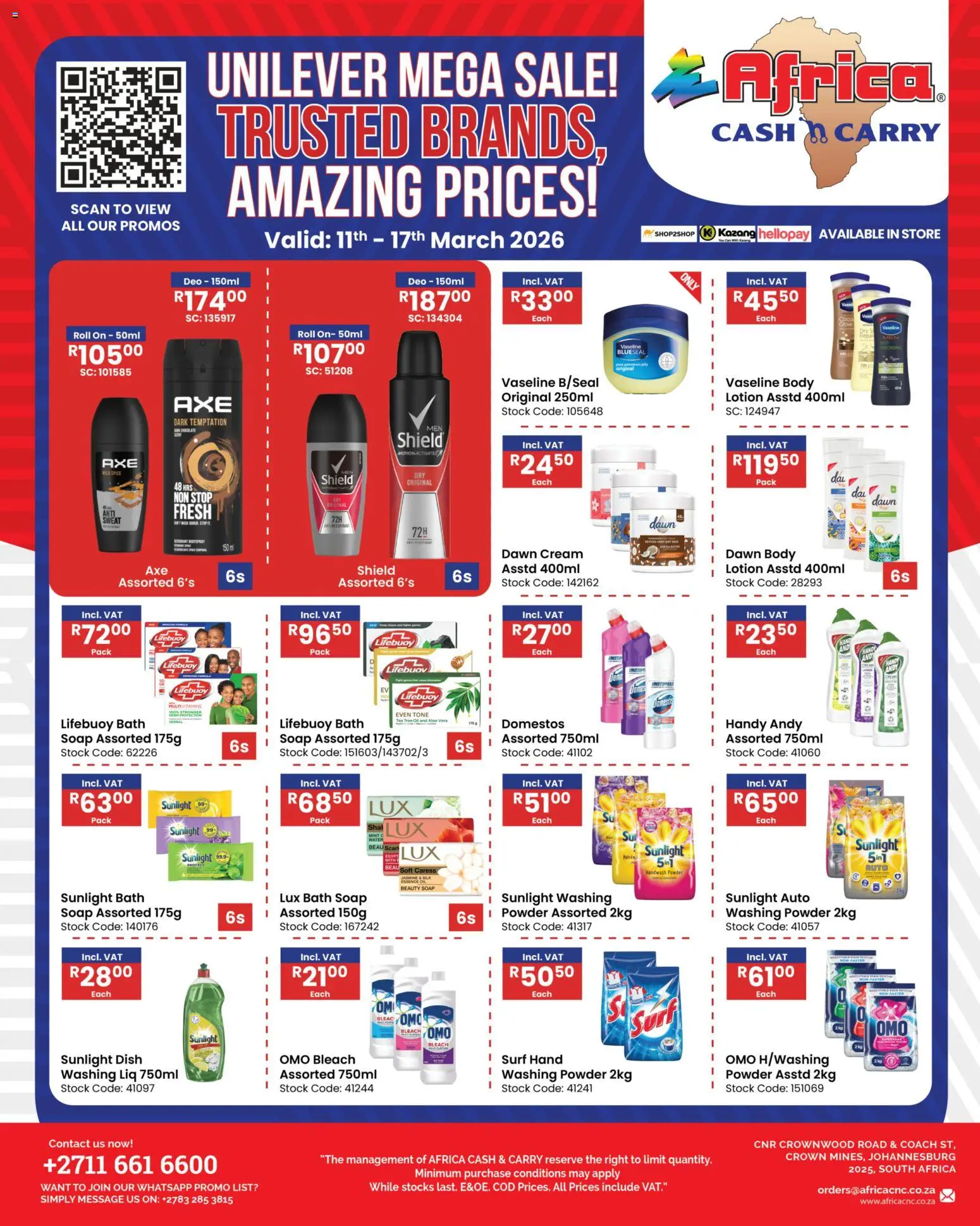 New Africa Cash & Carry catalogue – valid from 11.03.2026 | Page: 1 | Products: Bleach, Powder, Cream, Stock