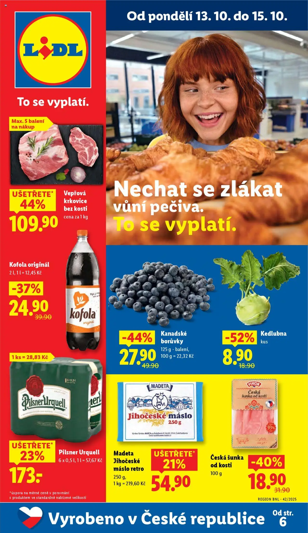 Lidl leták od 13.10.2025 | Strana: 1 | Produkty: Borůvky, Vepřová krkovice bez kosti, Krkovice bez kosti, Kedlubna