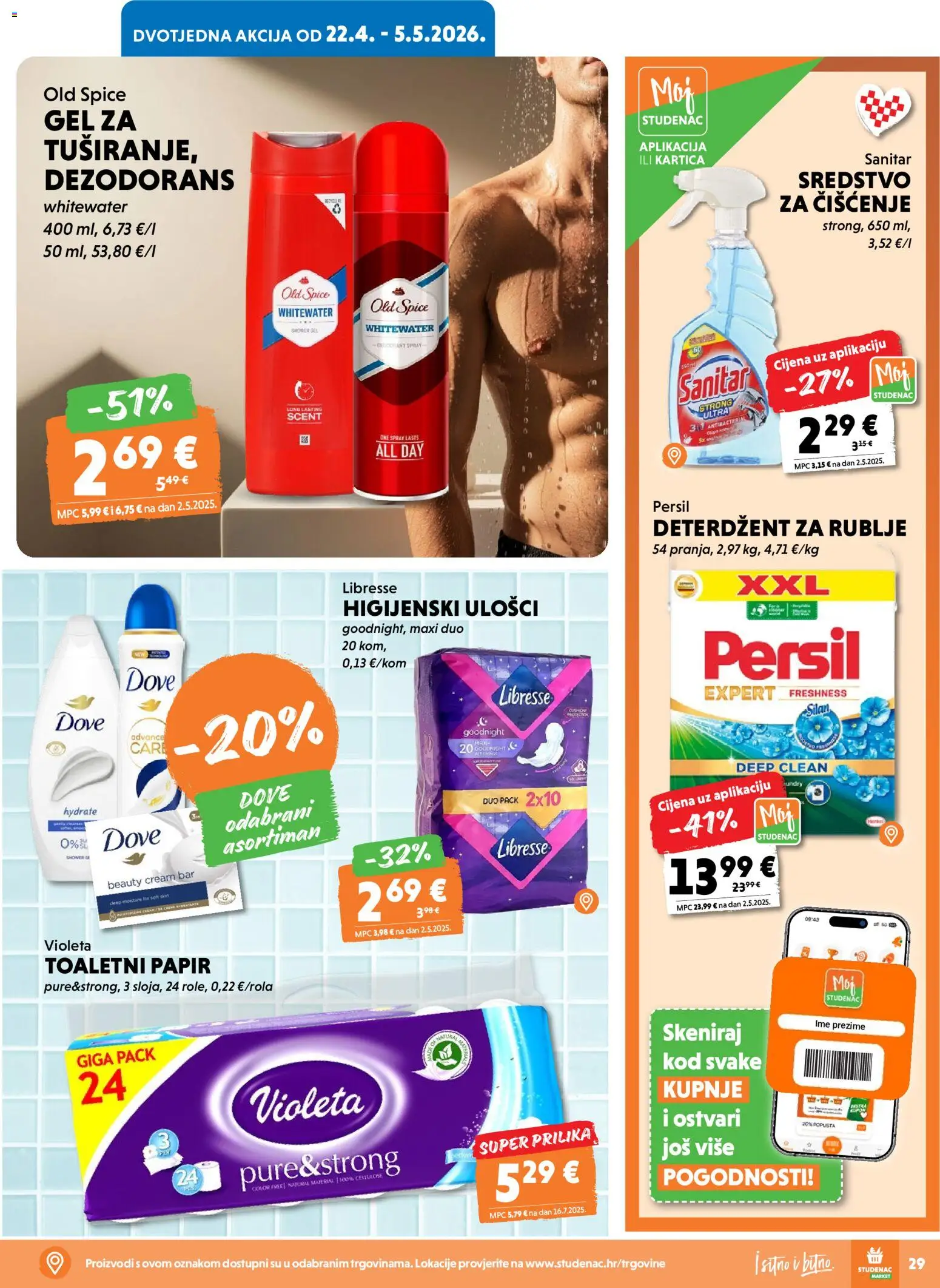 Studenac katalog | vrijedi od 22.04.2026 | Stranica: 29 | Proizvodi: Higijenski ulošci, Old Spice, Violeta, Persil
