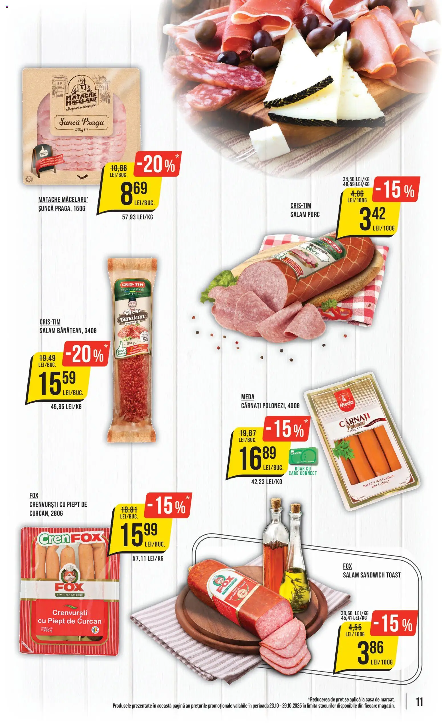 Noul catalog Mega Image – valabil de la 23.10.2025 | Pagină: 11 | Produse: Crenvurști, Salam, Șuncă, Cârnați