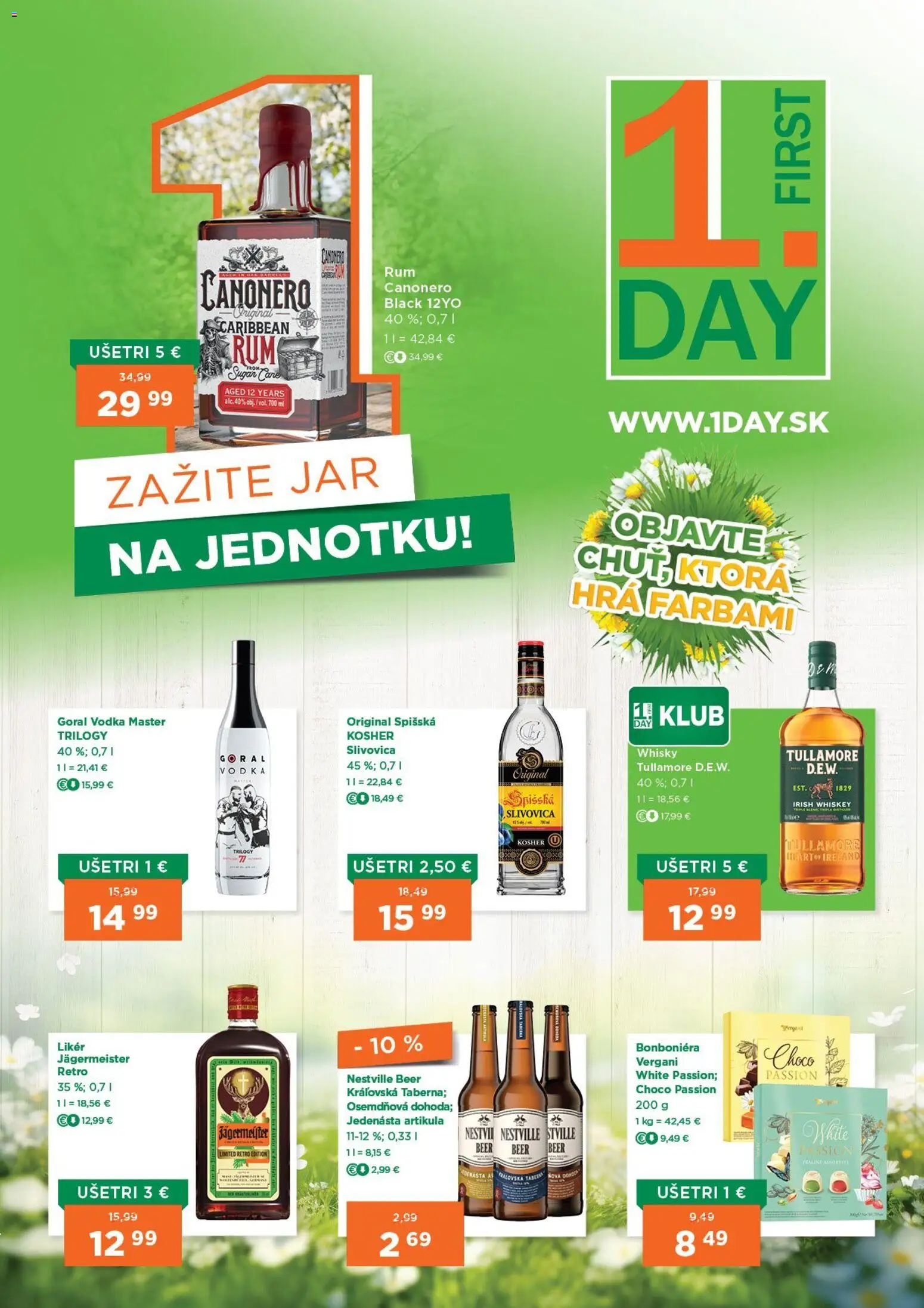 Nové 1day akcie – leták je platný od 12.03.2026 | Strana: 1 | Produkty: Jägermeister, Slivovica, Hra, Whisky