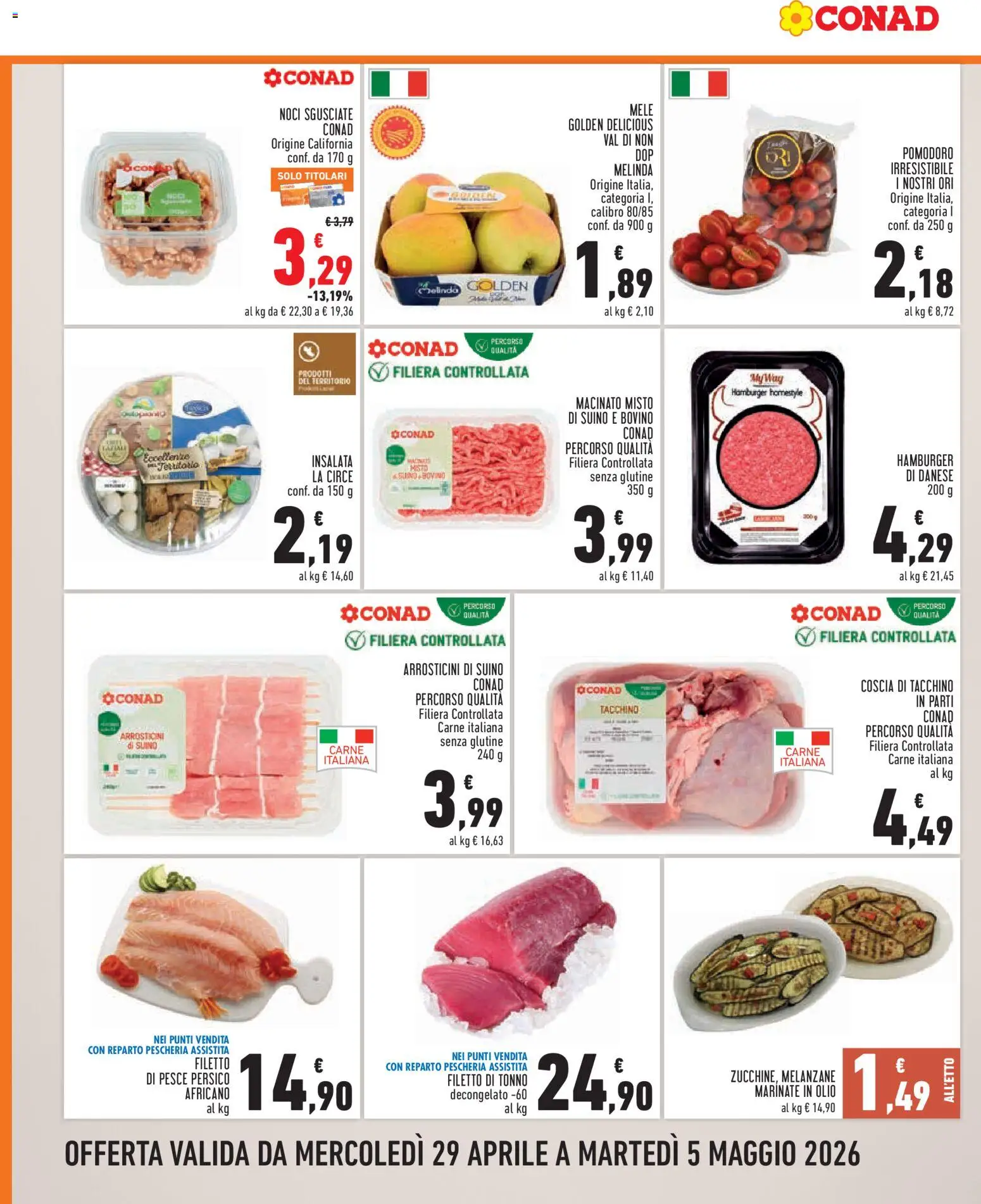 Volantino Conad del 29.04.2026 | Pagina: 2 | Prodotti: Bovino, Pesce, Tacchino, Tonno