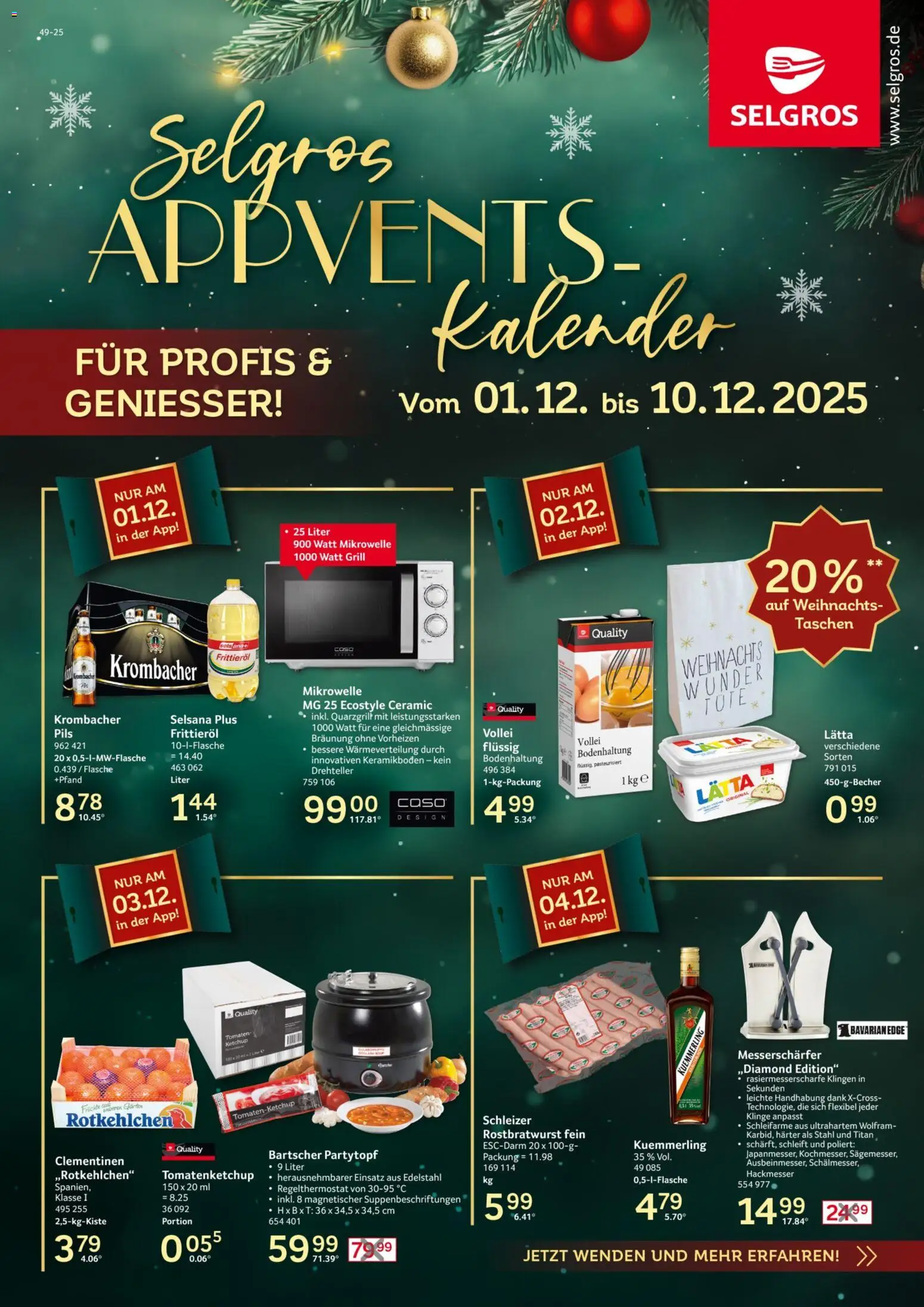 Selgros Appventskalender – gültig ab 01.12.2025 | Seite: 1 | Produkte: Mikrowelle, Grill, Tomaten, Ketchup