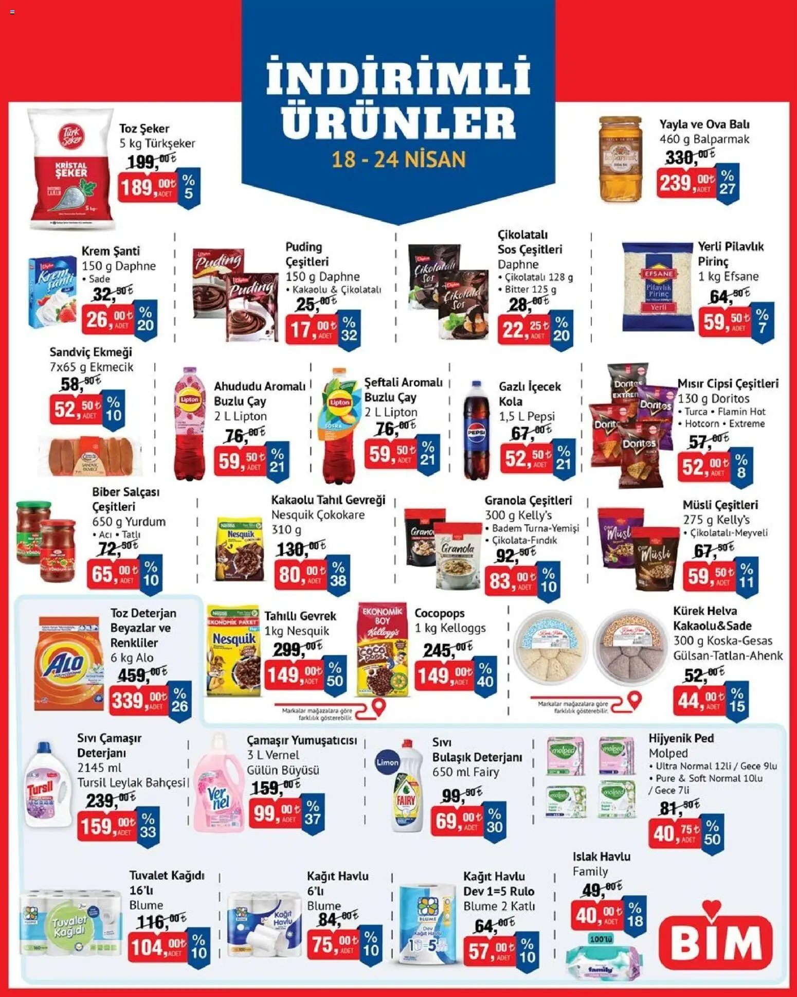 BİM - İndirimli Ürünler - 18.04.2026 tarihinden itibaren geçerlidir | Sayfa: 1 | Ürünler: Hijyenik ped, Bulaşık deterjanı, Şeker, Şeftali