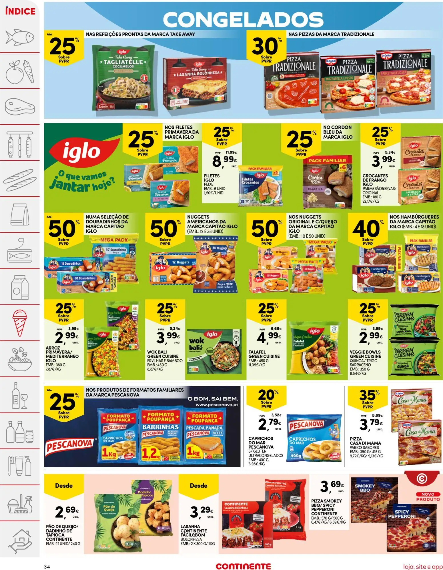 Continente folheto │ válido de 07.04.2026 | Página: 34 | Produtos: Pescada, Lasanha, Pão, Pizza